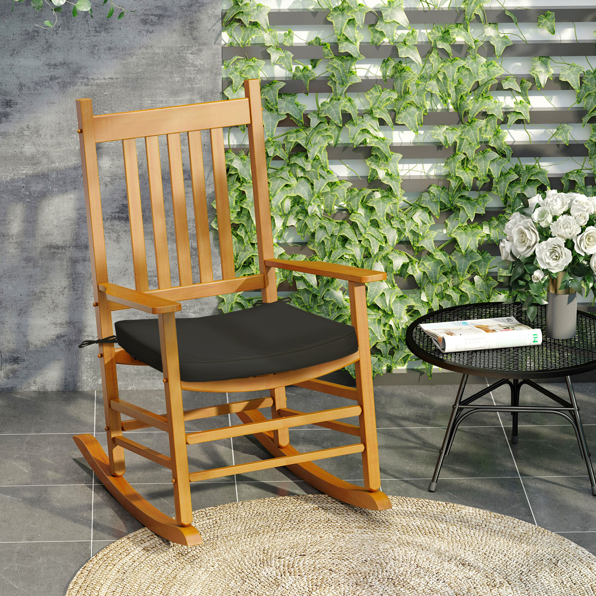 Outsunny Garden Chair Cushions, Set of 6, Dining Seat Pads with Straps, Removable for Indoor/Outdoor Use, Black