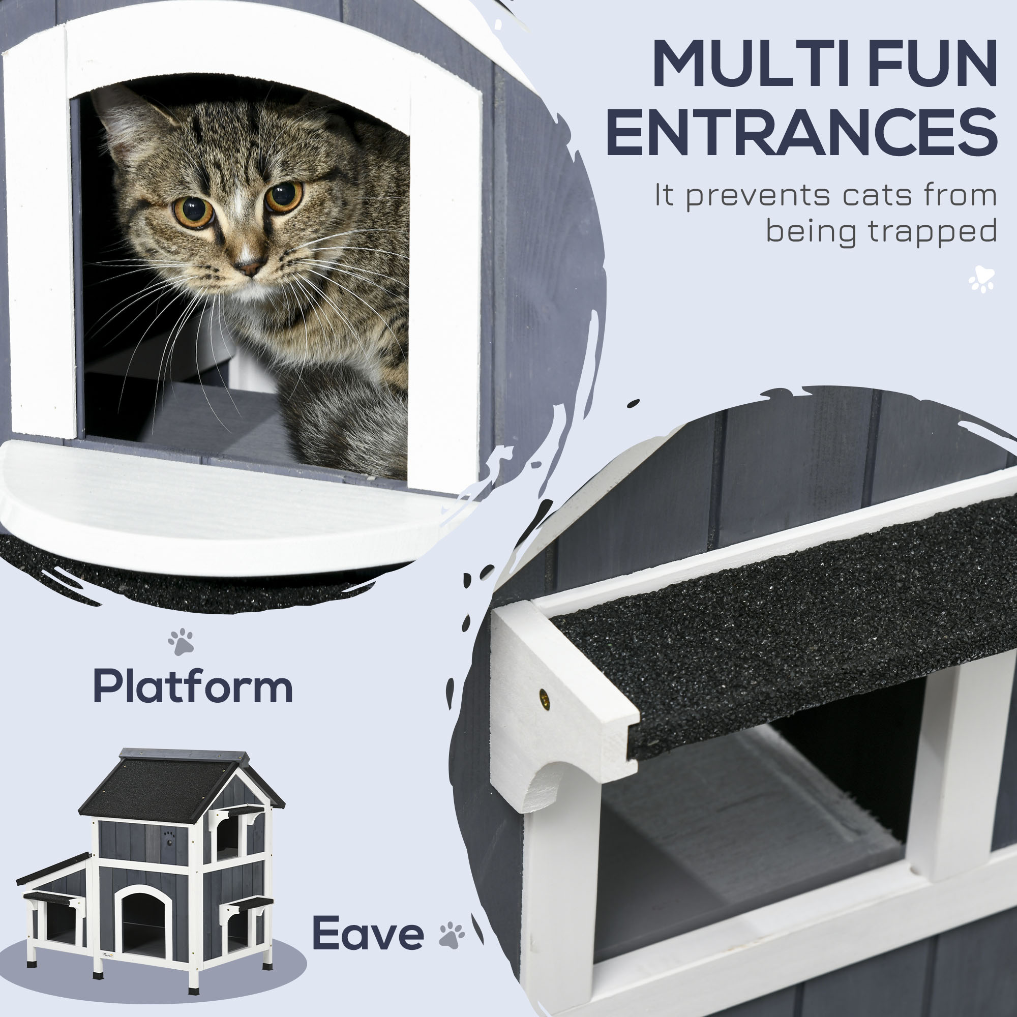 PawHutÂ WoodenÂ CatÂ HouseÂ OutdoorÂ with Flower Pot, 2 Tiers CatÂ ShelterÂ withÂ Window, MultipleÂ Entrances, Water-resistantÂ Roof, Grey
