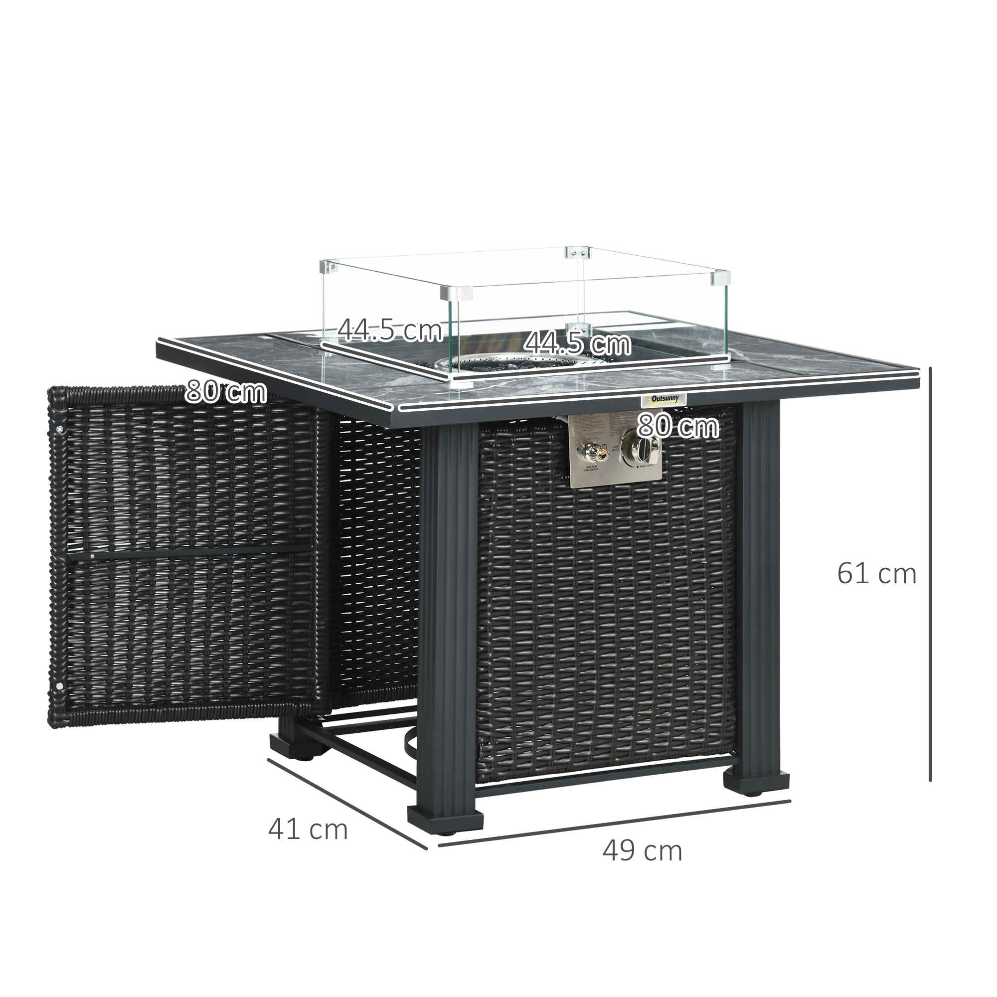 Outsunny Outdoor PE Rattan Gas Fire Pit Table, Square Patio Propane Heater with Marble Desktop, Rain Cover, Glass Windscreen, Glass Stones, Black