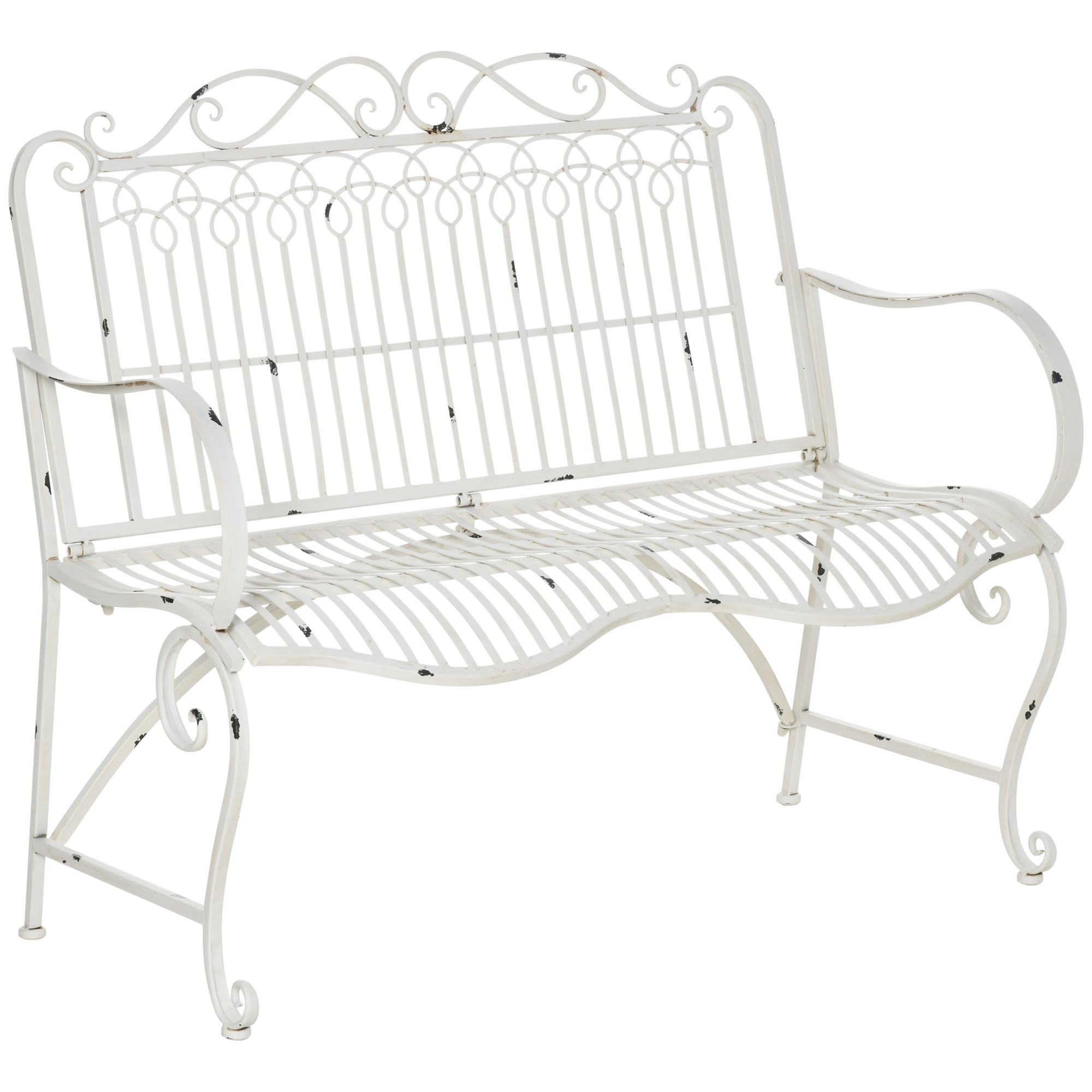 Outsunny Banco de Jardín de 2 Plazas 110x60x97 cm Banco de Exterior de Metal con Respaldo Decorativo y Reposabrazos para Terraza Carga 200 kg Blanco