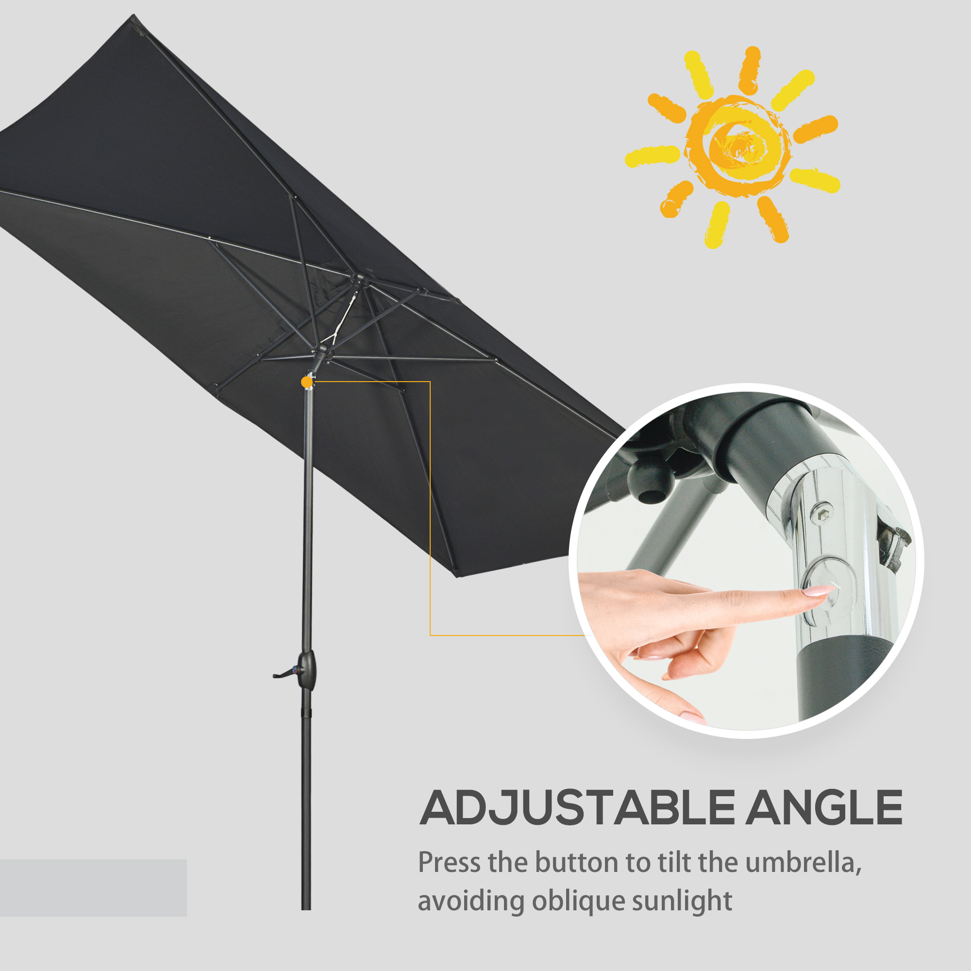 Outsunny Rectangular Garden Parasol 2x3m, Patio Market Umbrella with Crank and Push Button Tilt, Aluminium Pole, Black