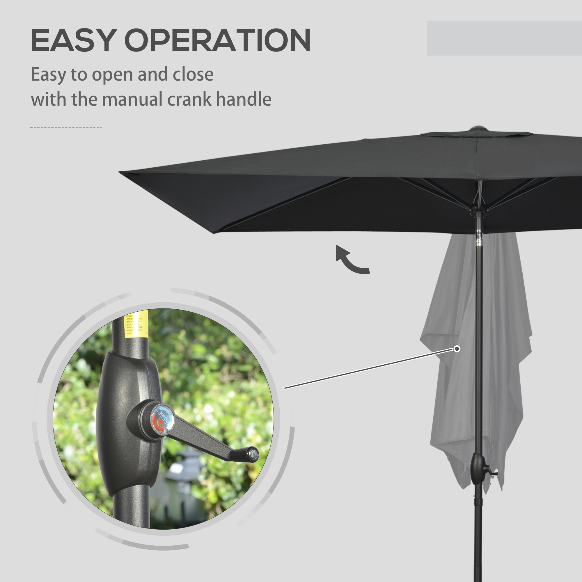 Outsunny Rectangular Garden Parasol 2x3m, Patio Market Umbrella with Crank and Push Button Tilt, Aluminium Pole, Black