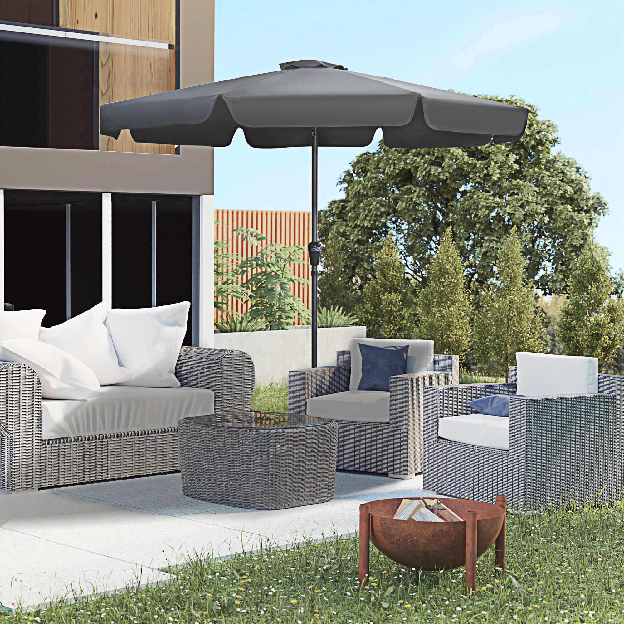 Outsunny 2.7m Garden Parasol, Outdoor Patio Sun Shade Umbrella with Tilt, Crank, 8 Ribs, Ruffles, Black