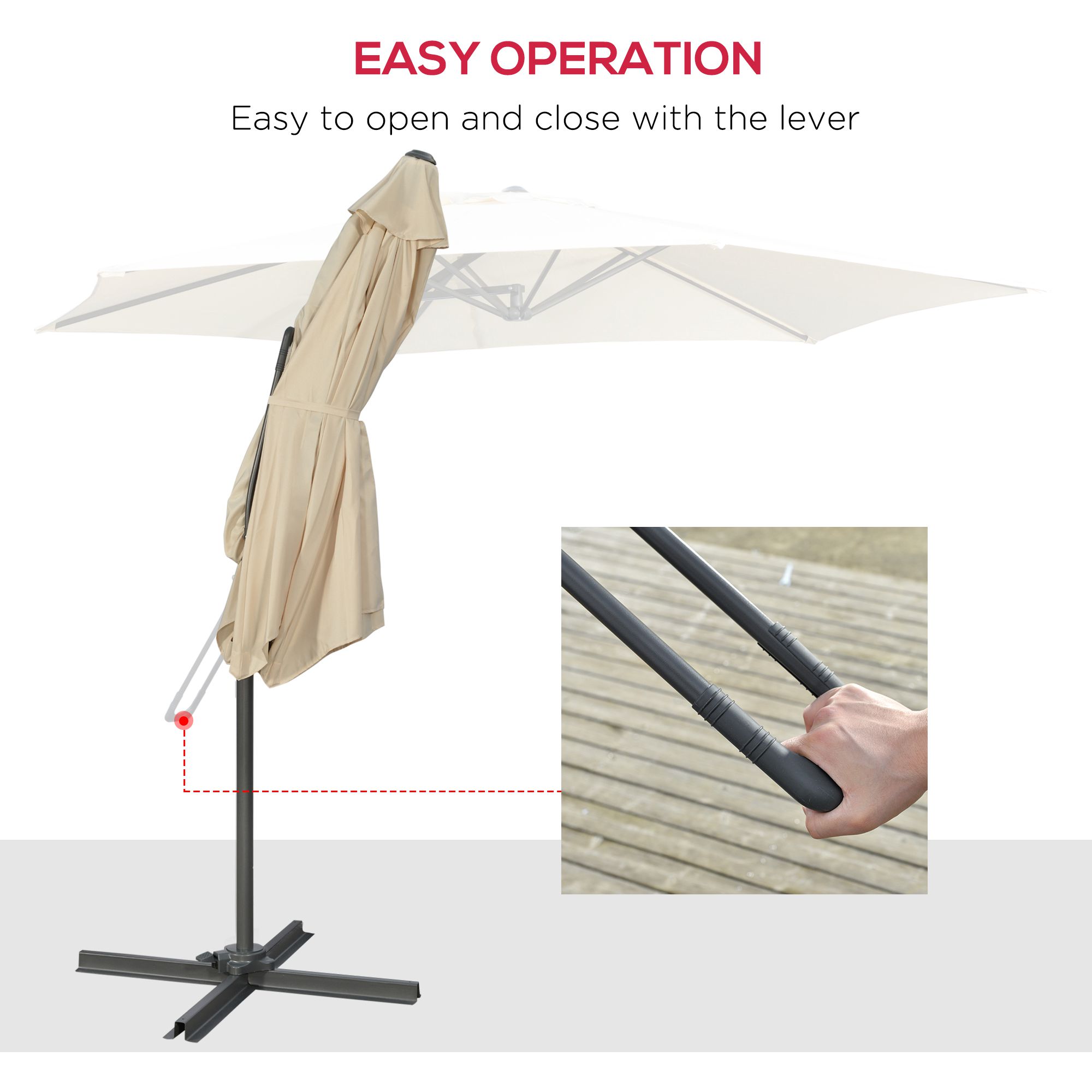 Outsunny 3m Cantilever Parasol with Easy Lever, Patio Umbrella with Crank Handle, Cross Base and 6 Metal Ribs, Outdoor Sun Shadesï¼ŒGarden, Cream White