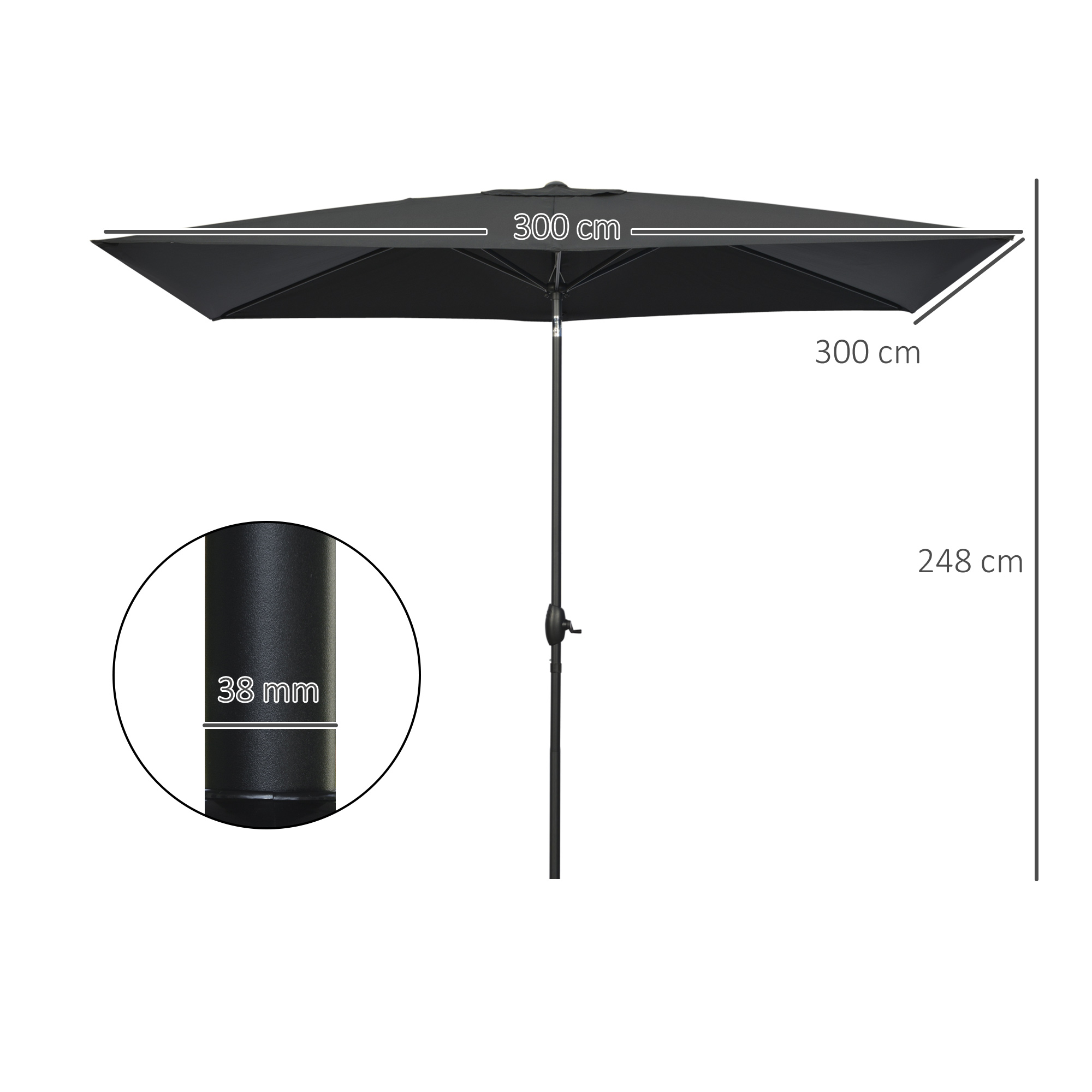 Outsunny Rectangular Garden Parasol 2x3m, Patio Market Umbrella with Crank and Push Button Tilt, Aluminium Pole, Black