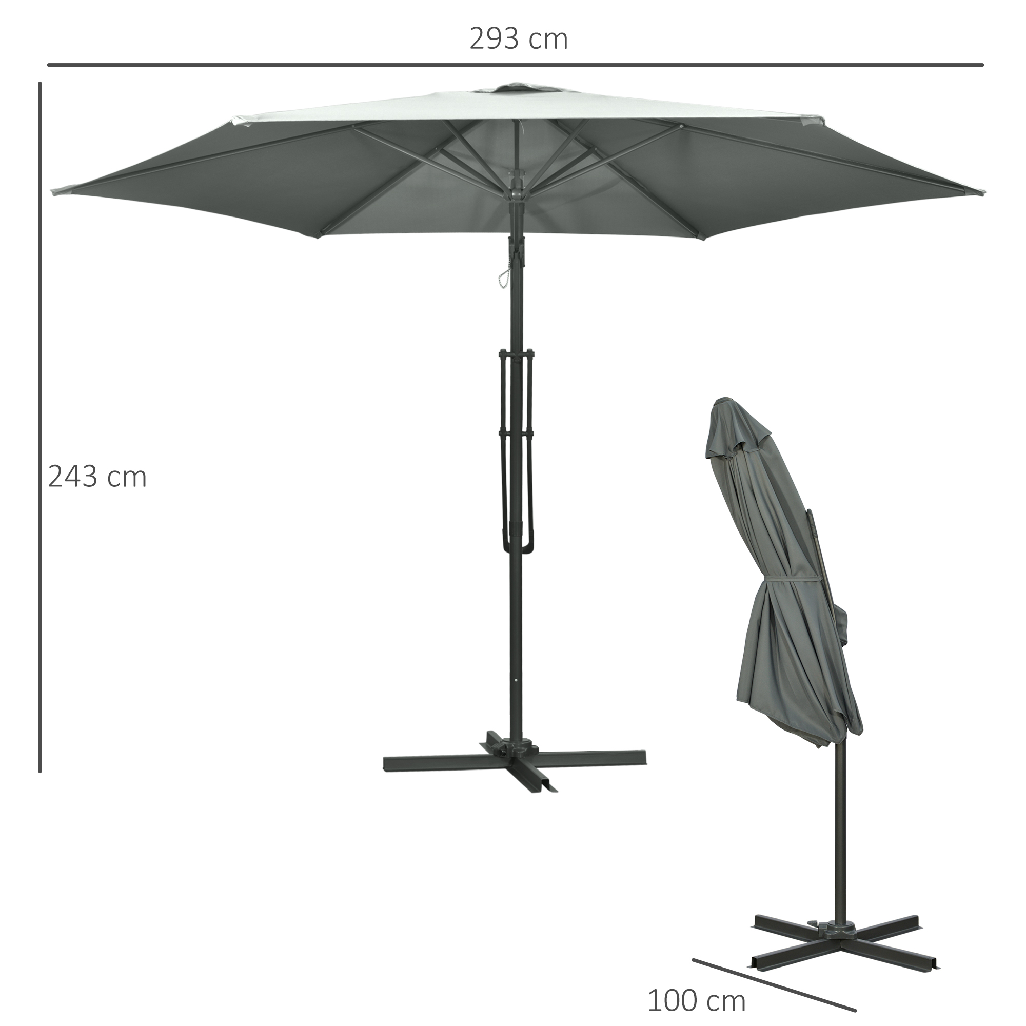 Outsunny 3m Cantilever Parasol with Easy Lever, Patio Umbrella with Crank Handle, Cross Base and 6 Metal Ribs, Outdoor Sun Shades for Garden, Grey