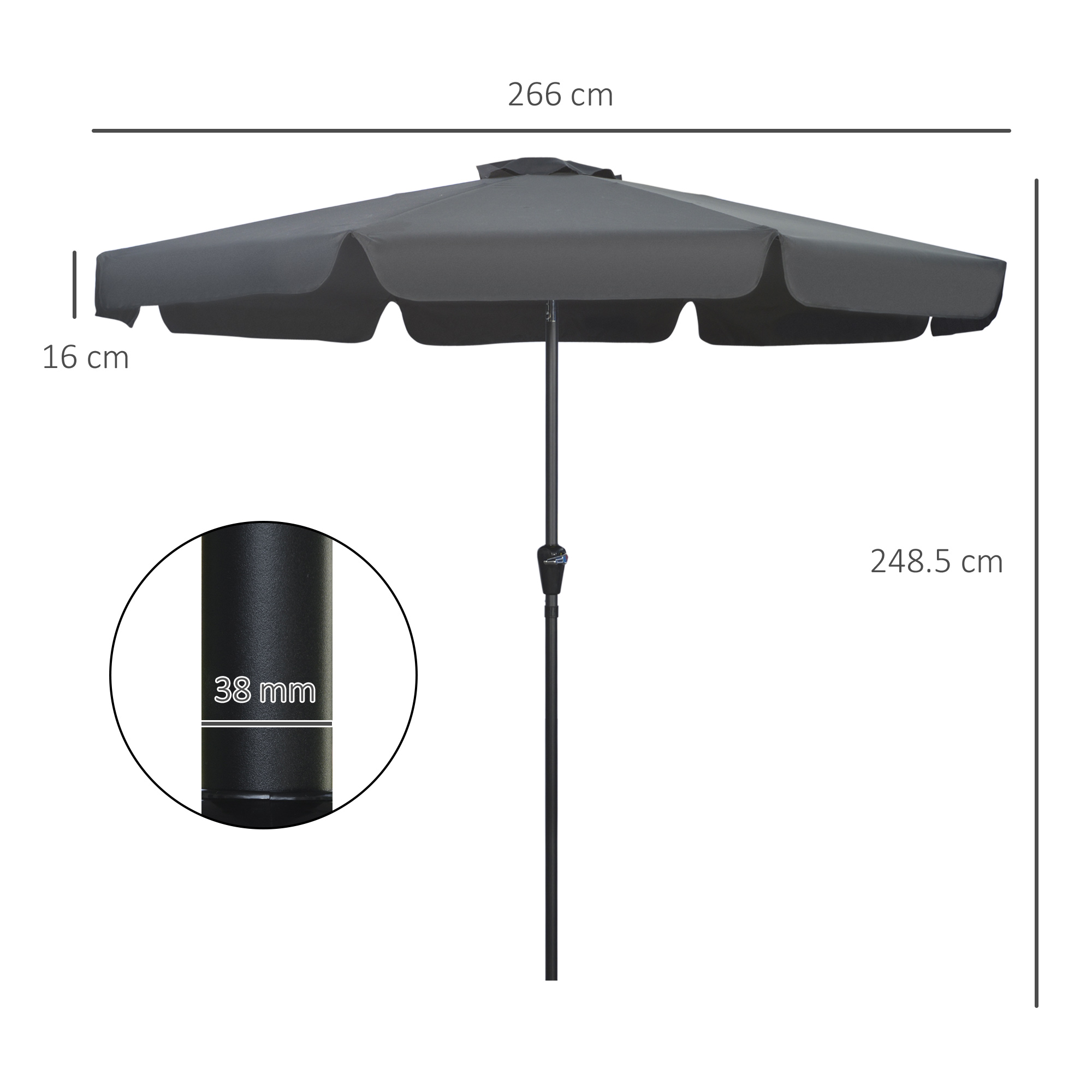 Outsunny 2.7m Garden Parasol, Outdoor Patio Sun Shade Umbrella with Tilt, Crank, 8 Ribs, Ruffles, Black