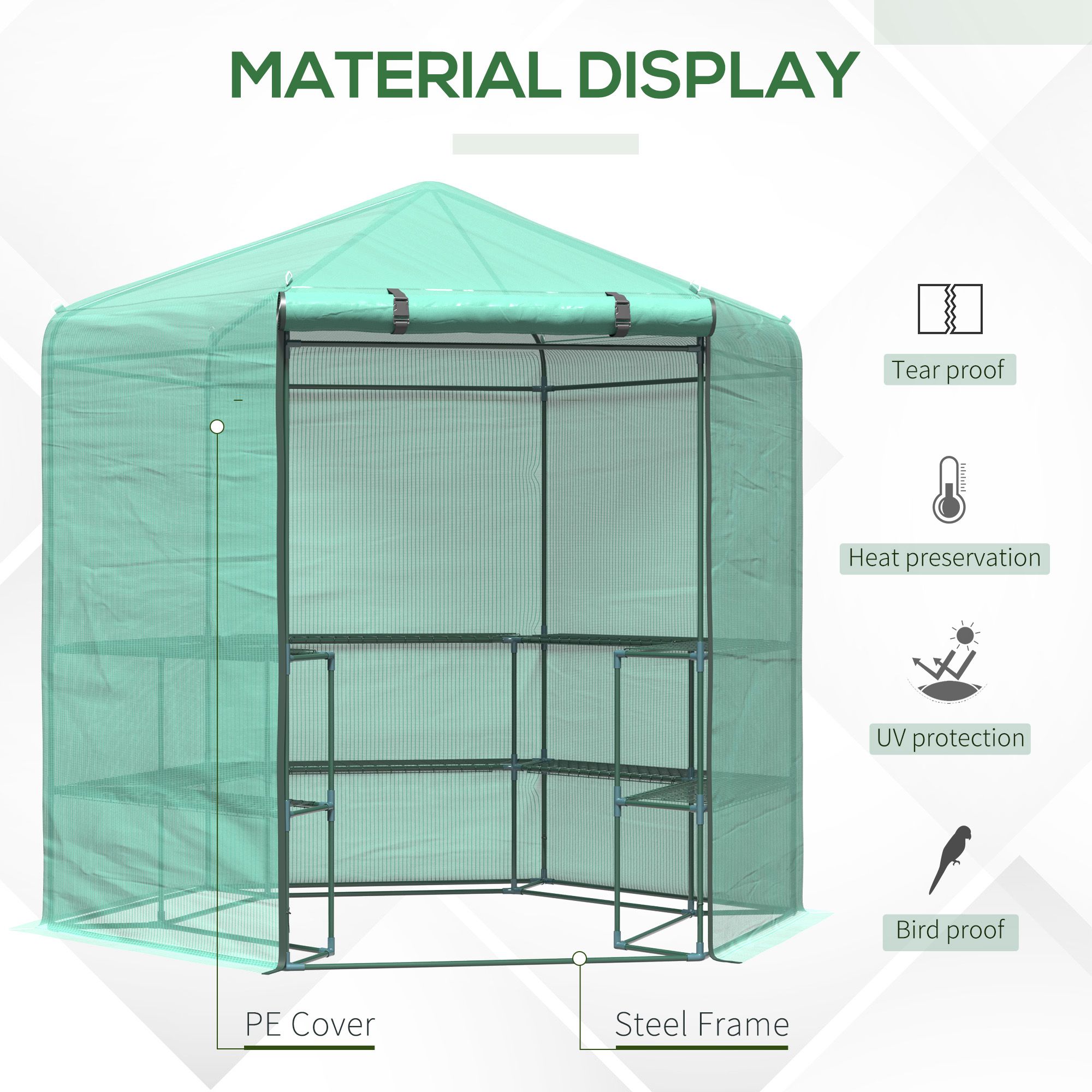 Outsunny  Hexagon Walk In Garden Greenhouse PE Planter Flower Growth with Zipped Door 225 x 194 x 215H cm