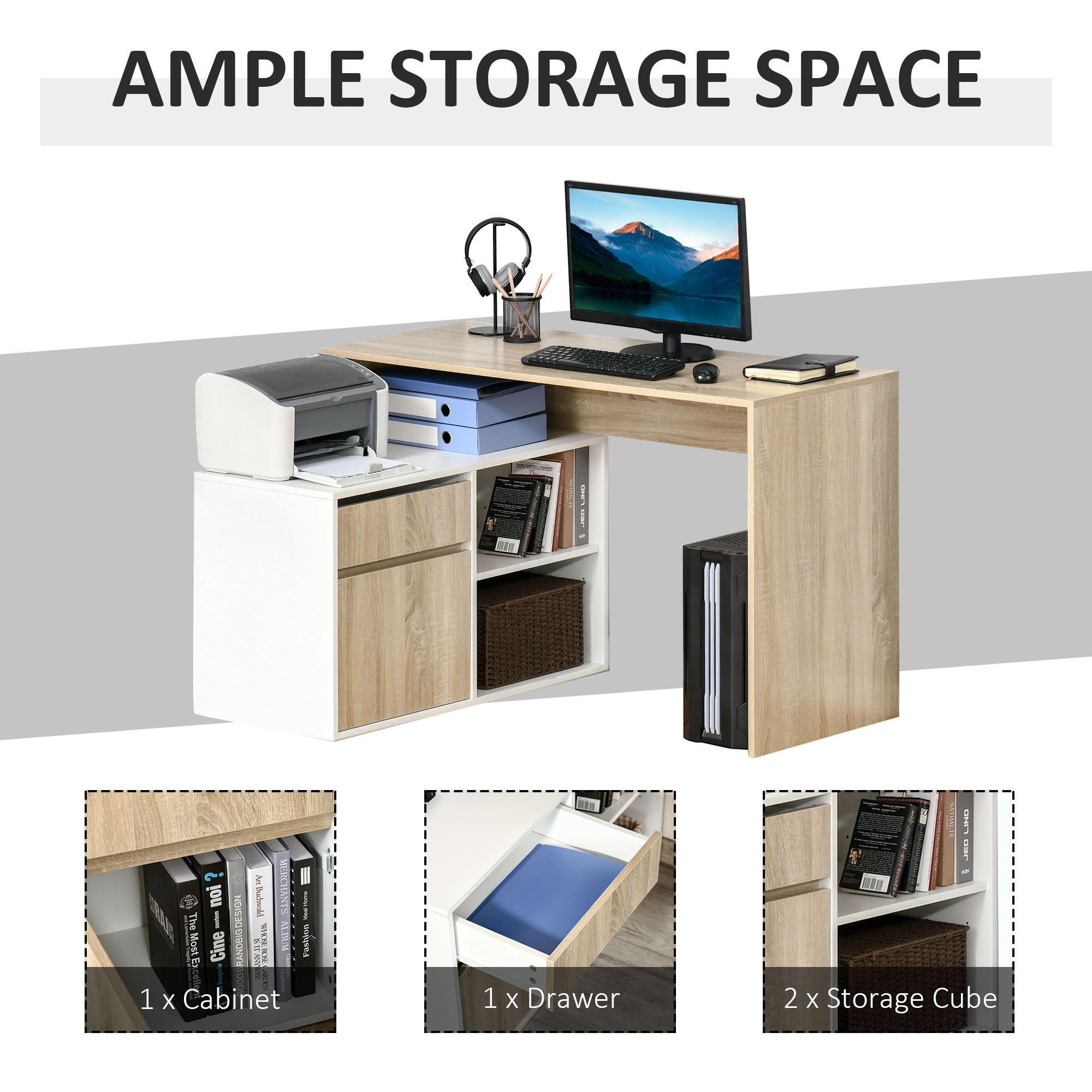 HOMCOM L-Shaped Corner Computer Desk, Oak and White Study Table with Storage Shelf, Drawer for Home Office