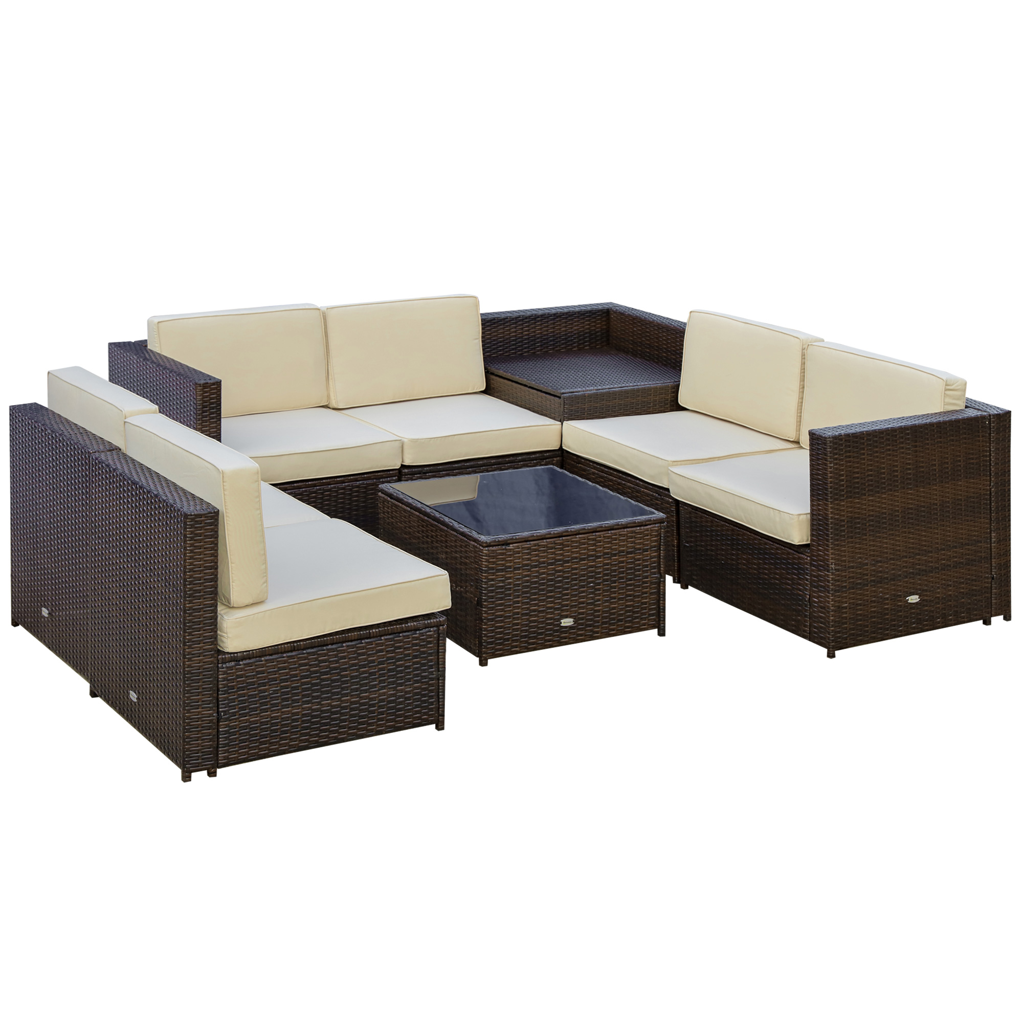 Image of Outsunny Set da Giardino 8 Pezzi con 4 Poltrone, 2 Poltrone Angolari e 2 Tavolini per Giardino in Rattan Marrone