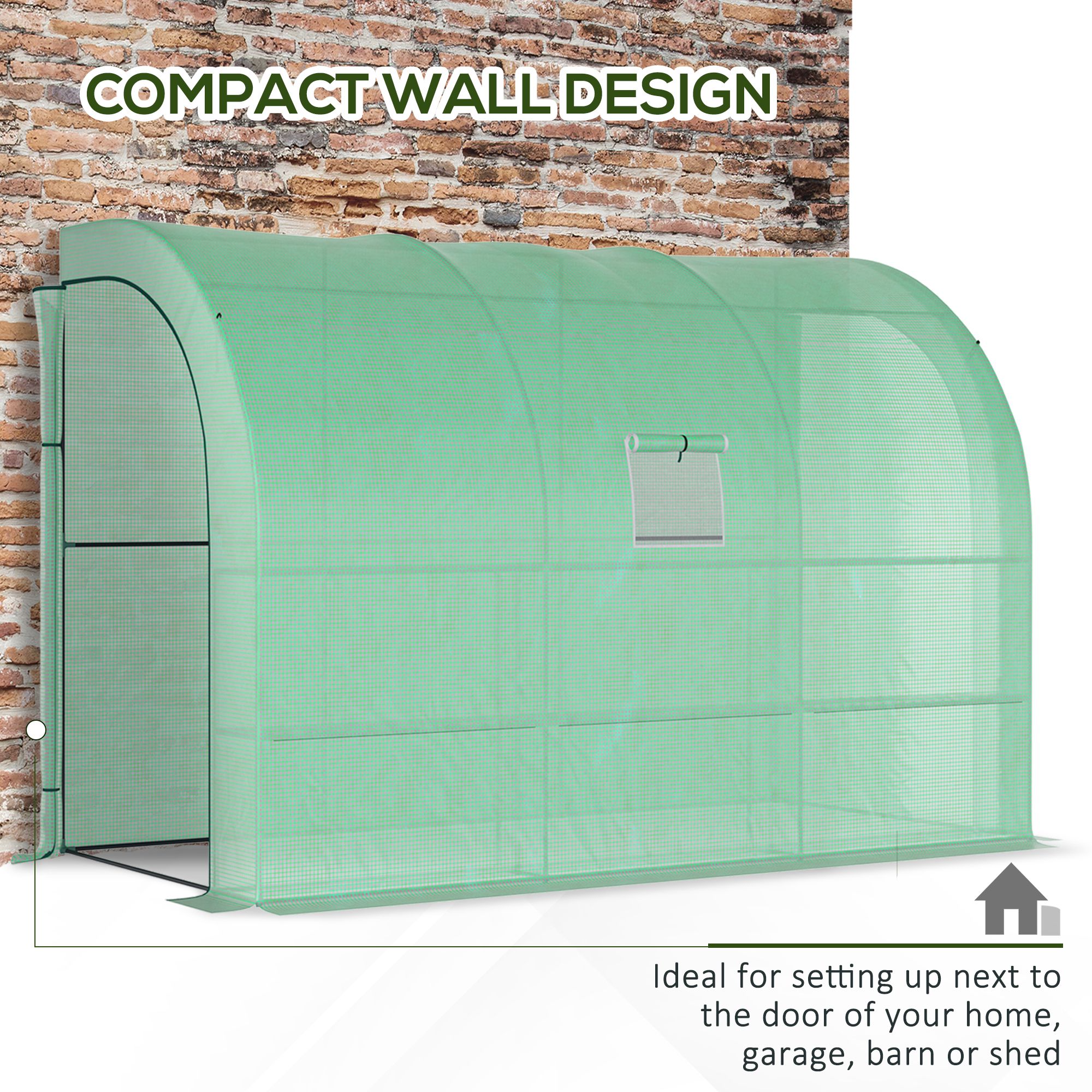 Outsunny Walk-In Lean to Wall Greenhouse with Windows and Doors 2 Tiers 6 Wired Shelves 300L x 150W x 215Hcm Green