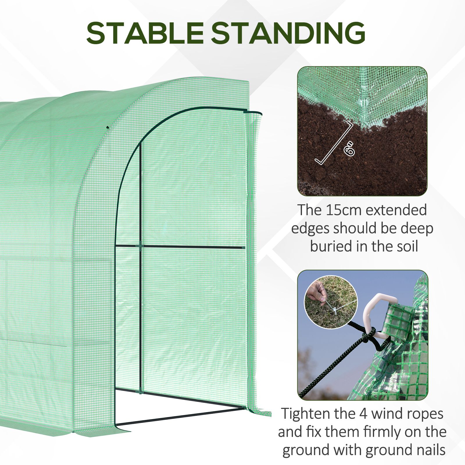 Outsunny Walk-In Lean to Wall Greenhouse with Windows and Doors 2 Tiers 6 Wired Shelves 300L x 150W x 215Hcm Green