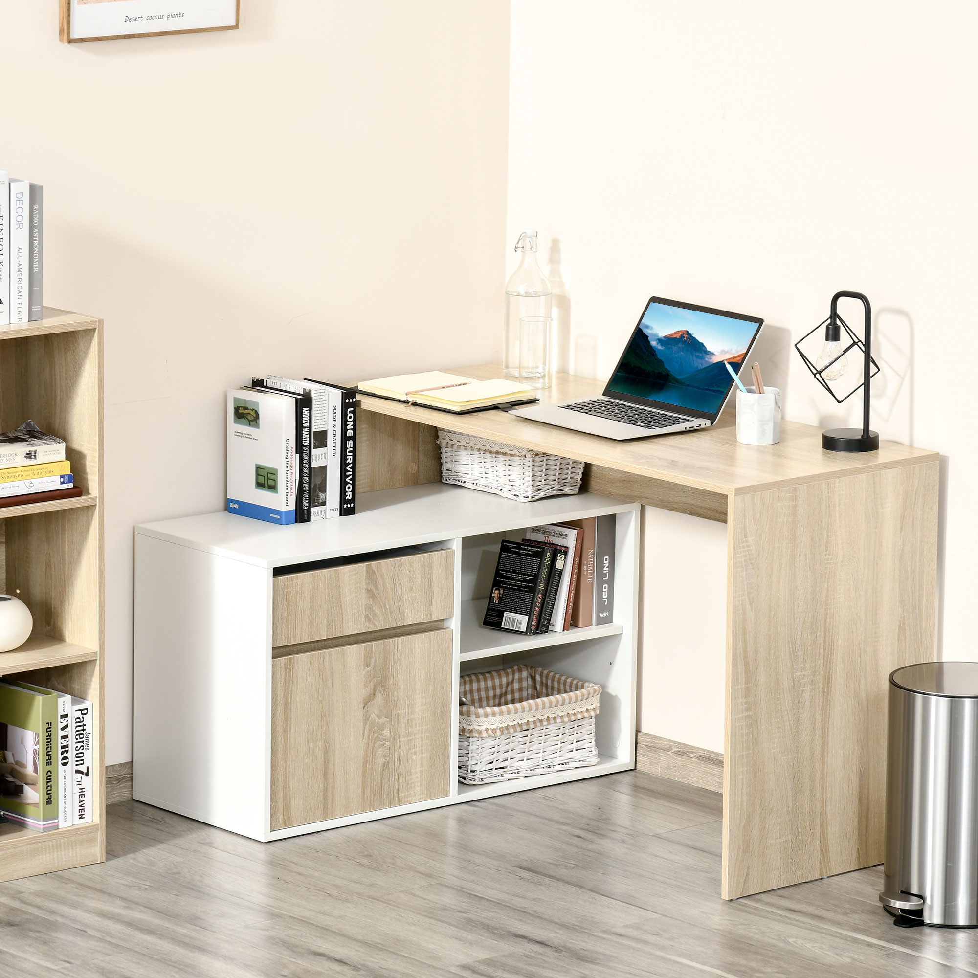 HOMCOM L-Shaped Corner Computer Desk, Oak and White Study Table with Storage Shelf, Drawer for Home Office