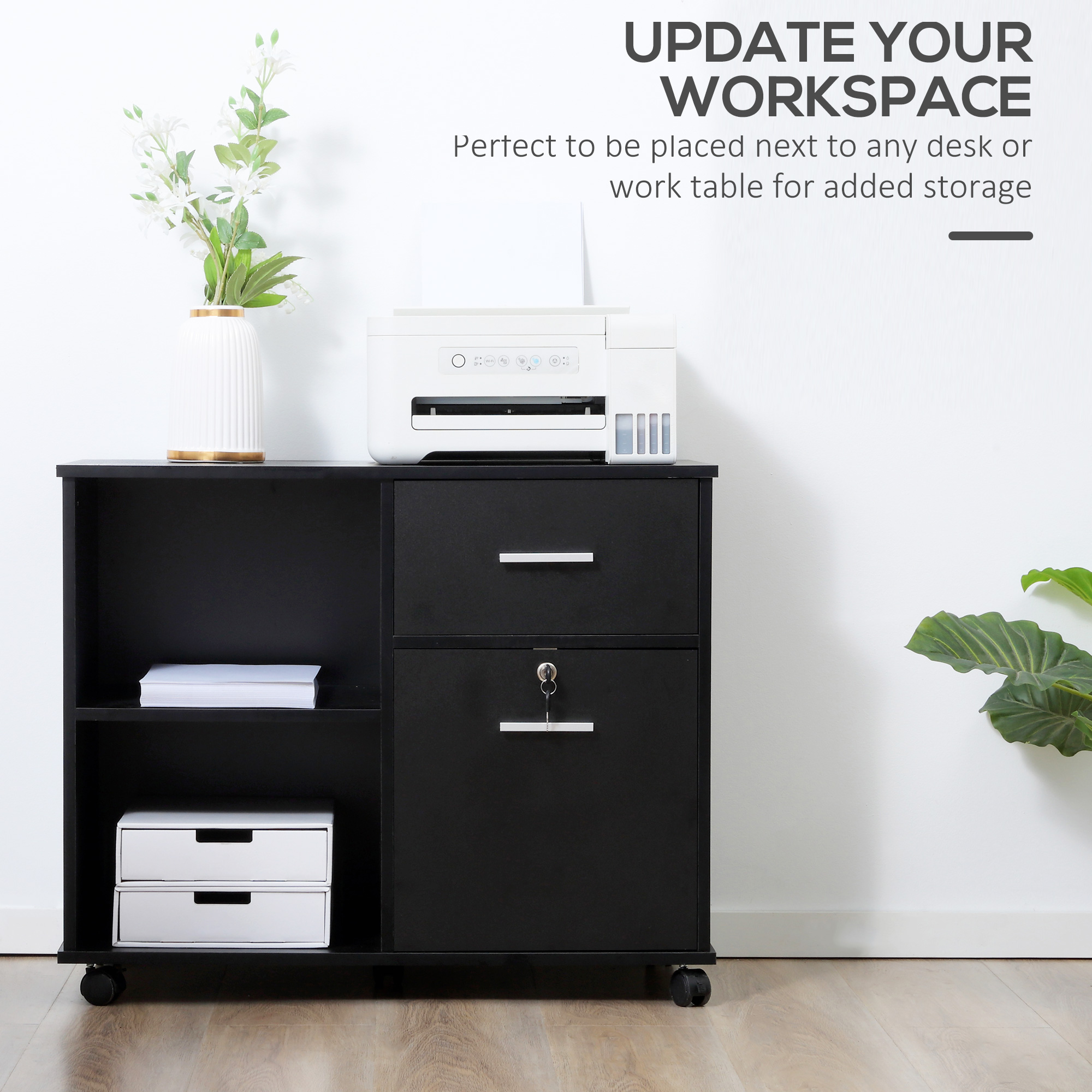 Vinsetto Printer Stand with Wheels, Mobile Filing Cabinet with Open Shelves and Drawers for A4 Documents, Black