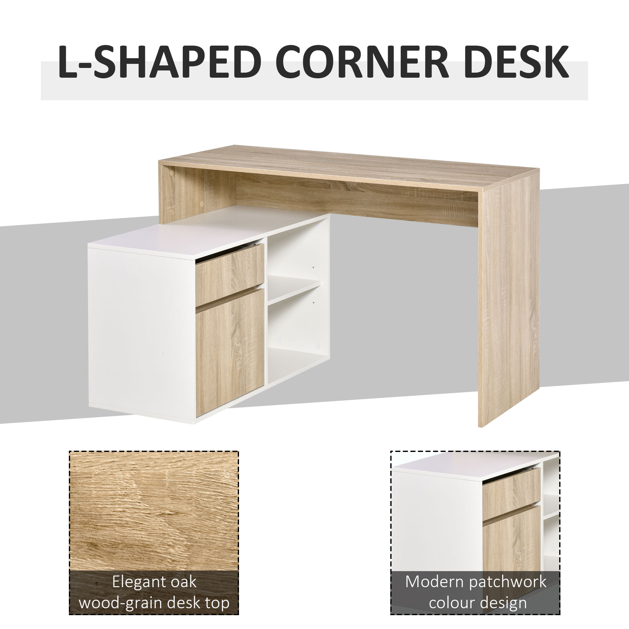 HOMCOM L-Shaped Corner Computer Desk, Oak and White Study Table with Storage Shelf, Drawer for Home Office