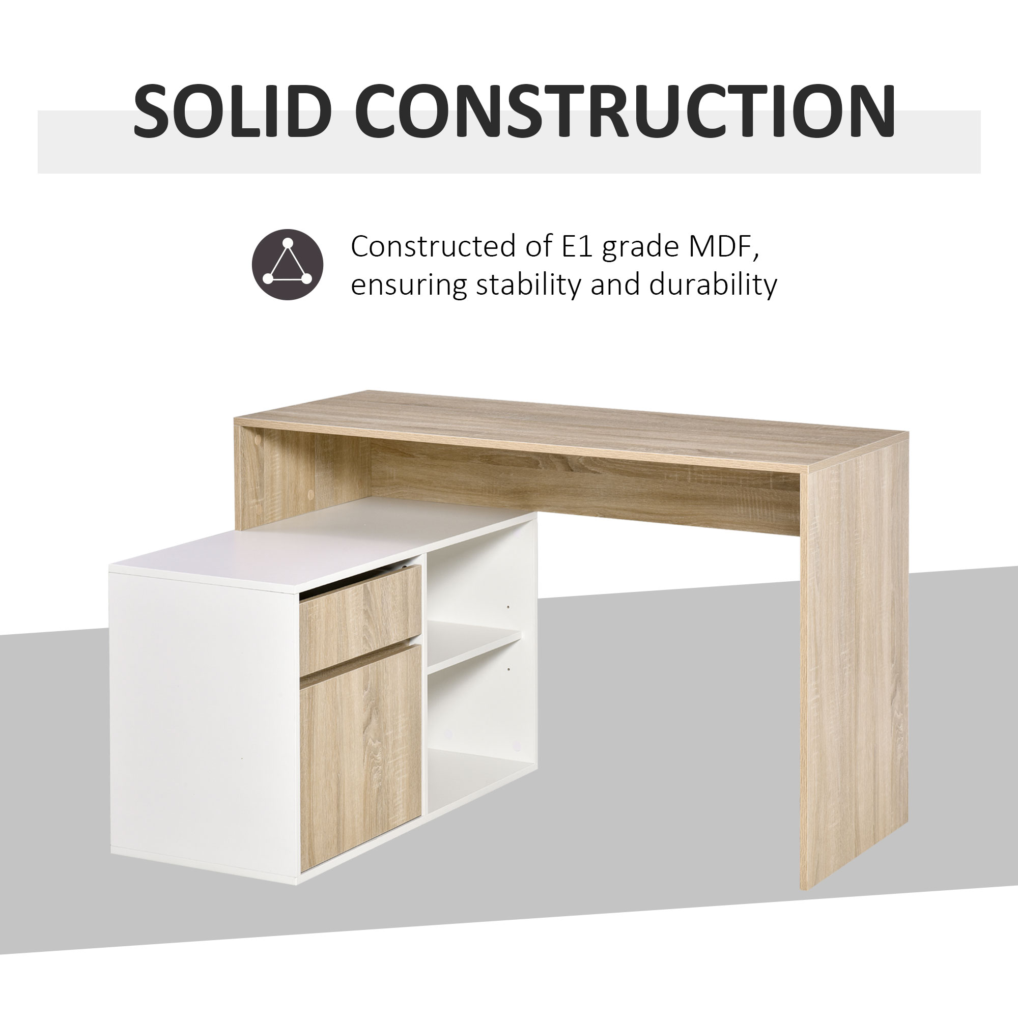 HOMCOM L-Shaped Corner Computer Desk, Oak and White Study Table with Storage Shelf, Drawer for Home Office