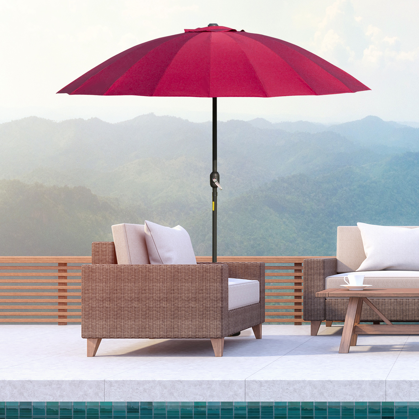 Outsunny 255cm Garden Parasol, Outdoor Table Umbrella with Tilt, Crank, and Durable Ribs, Wine Red