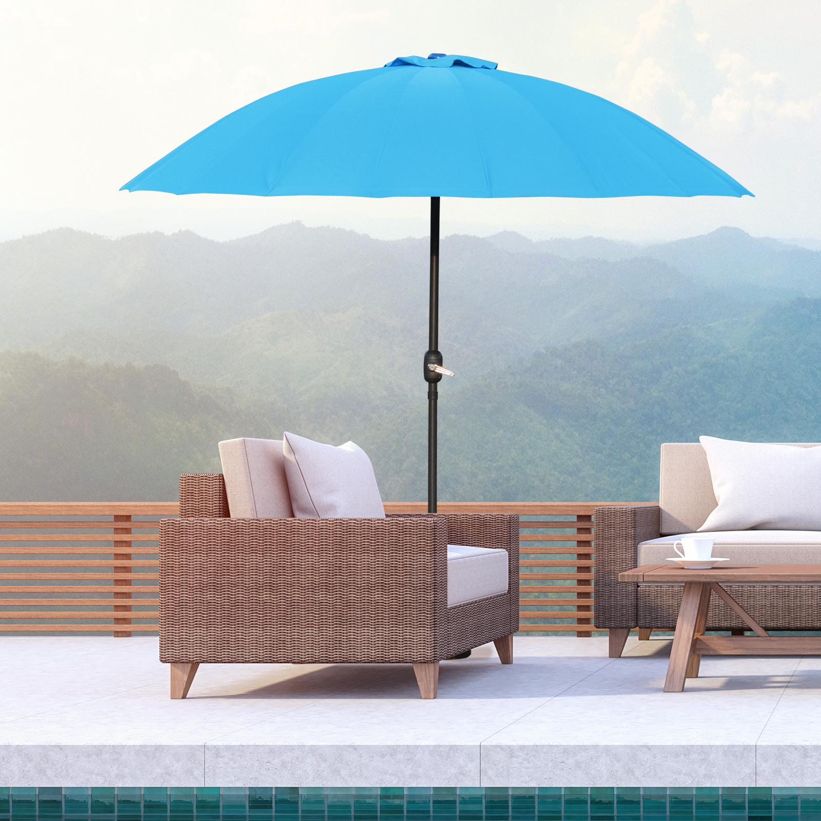 Outsunny Garden Table Umbrella, é‘²?55cm Parasol with Push Button Tilt, Crank & Ribs for Lawn & Backyard, Blue
