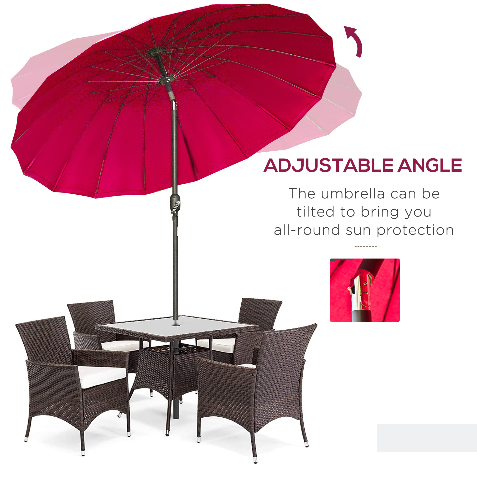 Outsunny 255cm Garden Parasol, Outdoor Table Umbrella with Tilt, Crank, and Durable Ribs, Wine Red