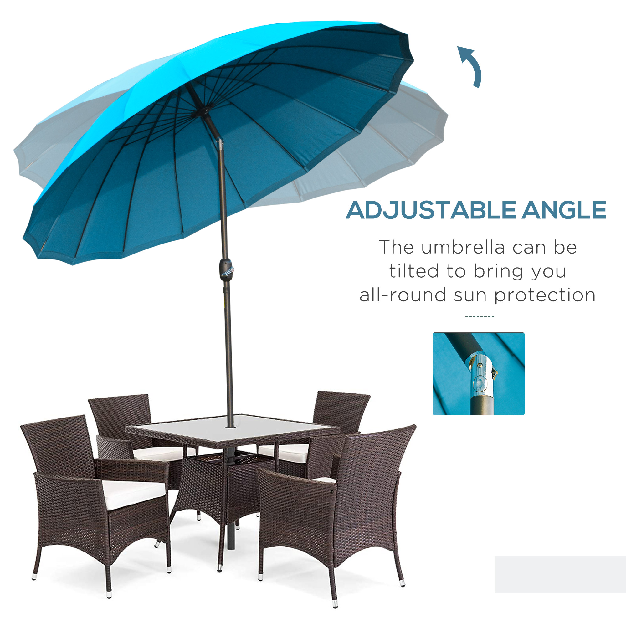 Outsunny Garden Table Umbrella, é‘²?55cm Parasol with Push Button Tilt, Crank & Ribs for Lawn & Backyard, Blue