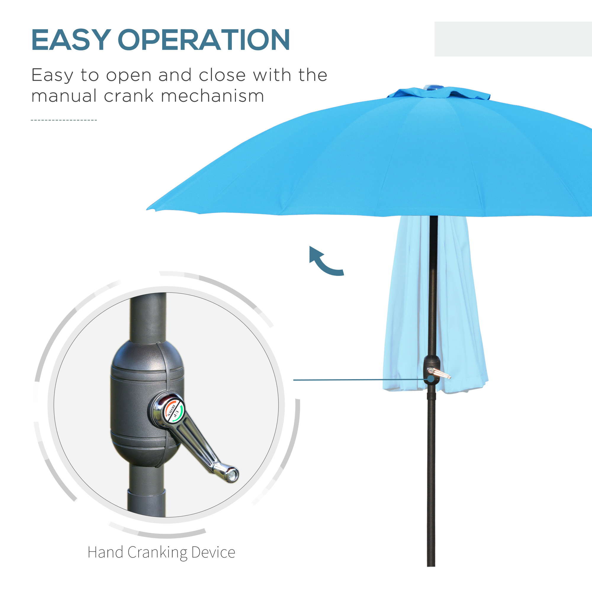 Outsunny Garden Table Umbrella, é‘²?55cm Parasol with Push Button Tilt, Crank & Ribs for Lawn & Backyard, Blue