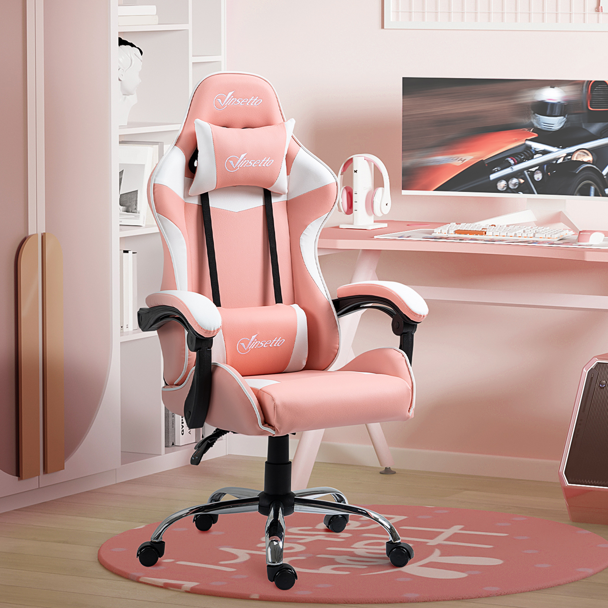 Vinsetto Chaise de bureau Racing Chaise de jeu en similicuir réglable en  hauteur avec roulettes, appuie-tête, soutien lombaire pour cadeau fille,  rose et blanc 