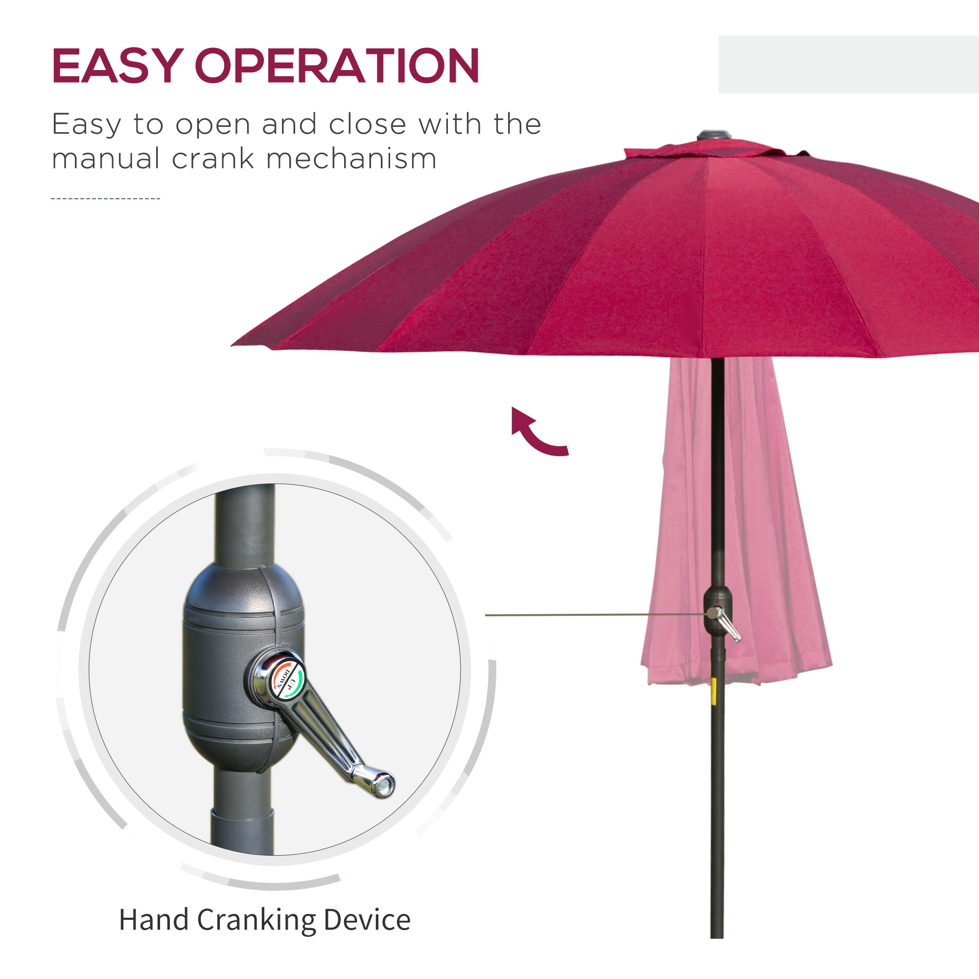 Outsunny 255cm Garden Parasol, Outdoor Table Umbrella with Tilt, Crank, and Durable Ribs, Wine Red