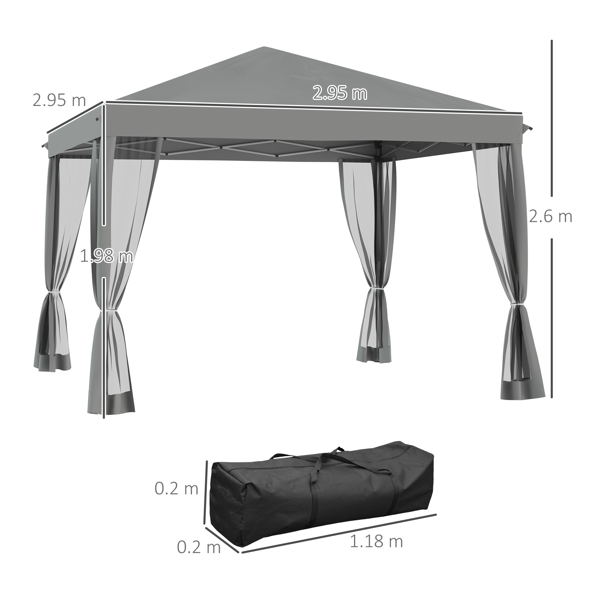 Outsunny 3 x 3Â m Pop Up Gazebo, Garden Tent with Removable Mesh Sidewall Netting, Carry Bag for Backyard Patio Outdoor Light Grey