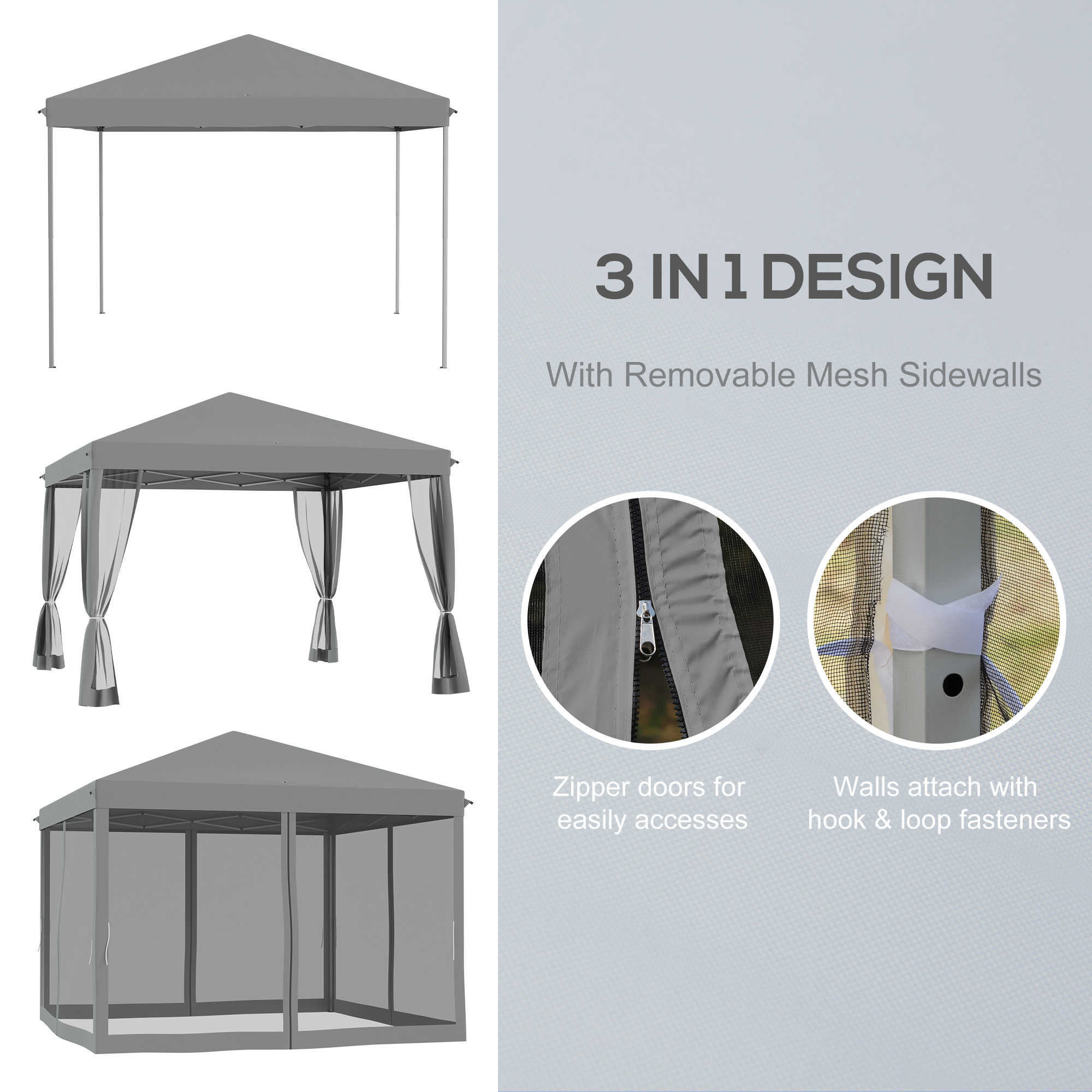 Outsunny 3 x 3Â m Pop Up Gazebo, Garden Tent with Removable Mesh Sidewall Netting, Carry Bag for Backyard Patio Outdoor Light Grey