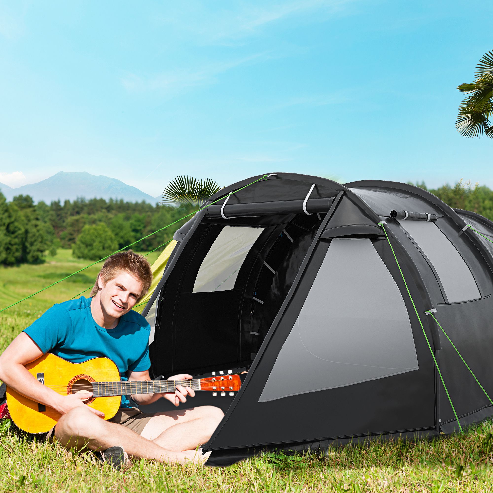 Outsunny Spacious Tunnel Tent for 3-4 Persons, Two-Room Camping Shelter with Windows, Ventilation Covers, Carry Bag, Black