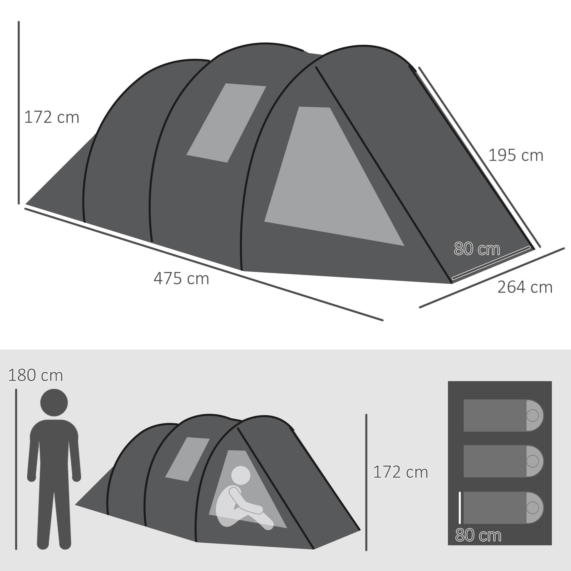 Outsunny Spacious Tunnel Tent for 3-4 Persons, Two-Room Camping Shelter with Windows, Ventilation Covers, Carry Bag, Black
