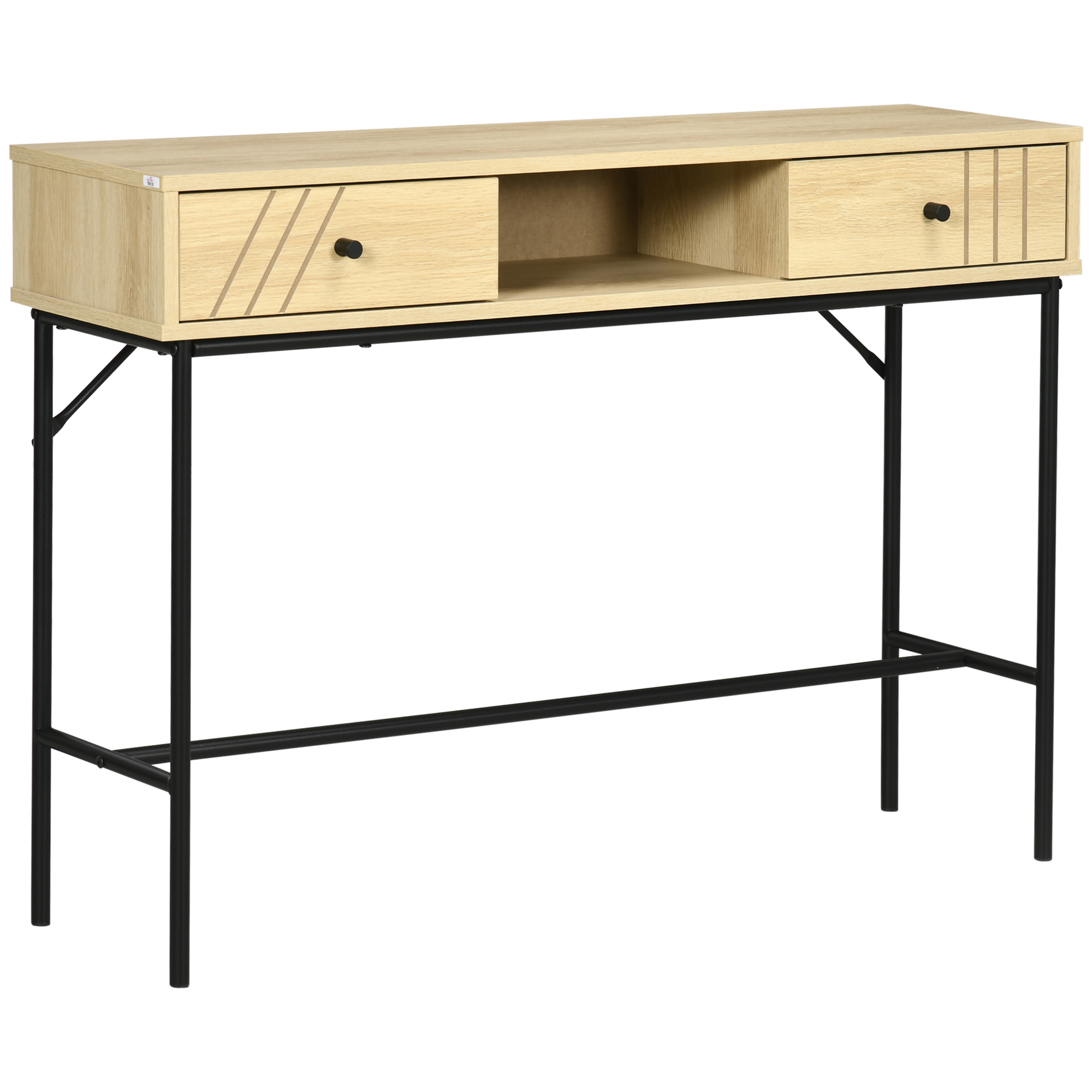 HOMCOM Tavolo Consolle in Legno e Metallo Stile Industriale con 2 Cassetti, 110x29.5x78cm Naturale