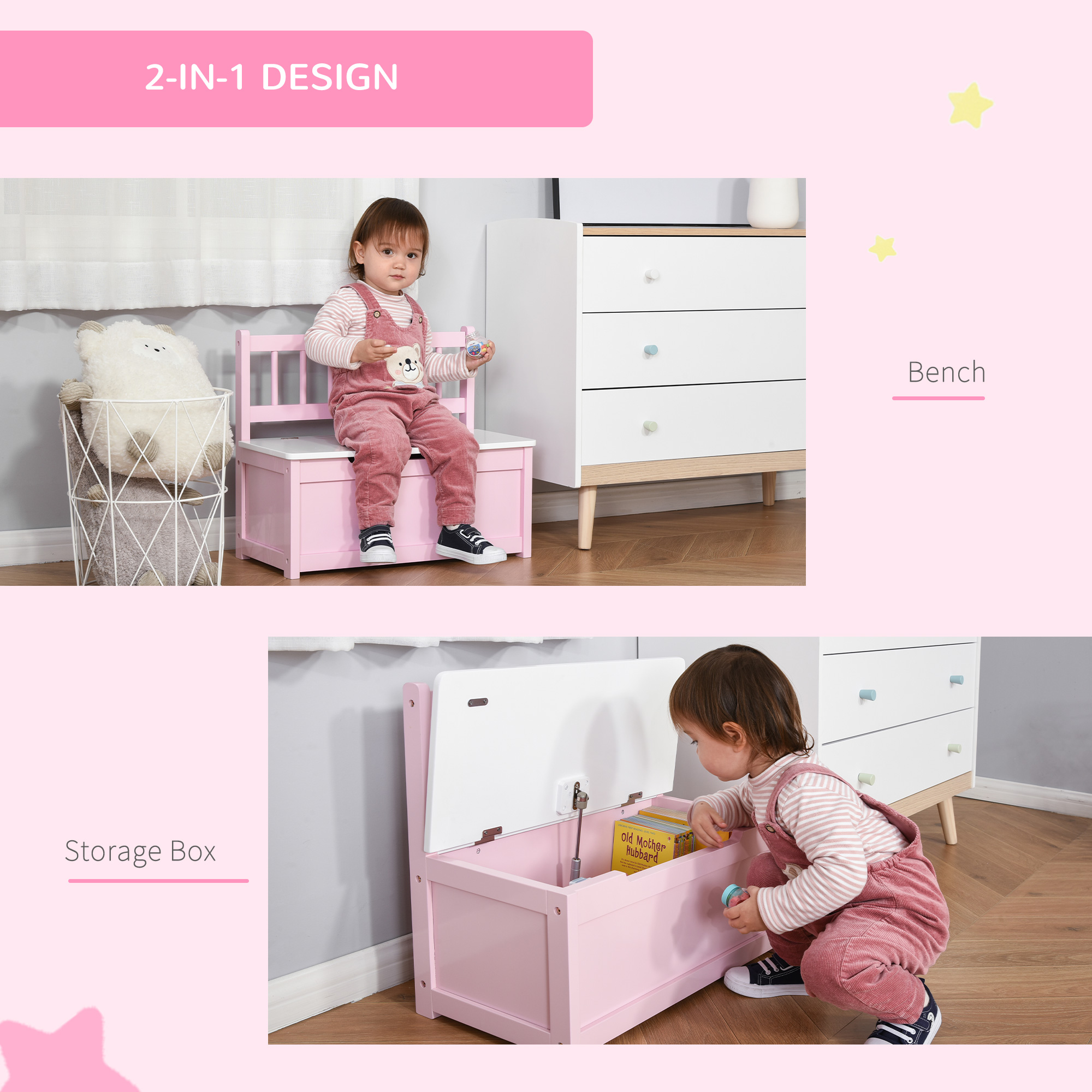 HOMCOM Kids 2-IN-1 Wooden Toy Box and Seat Bench with Safety Pneumatic Rod, Storage Chest for Children Bedroom, Pink