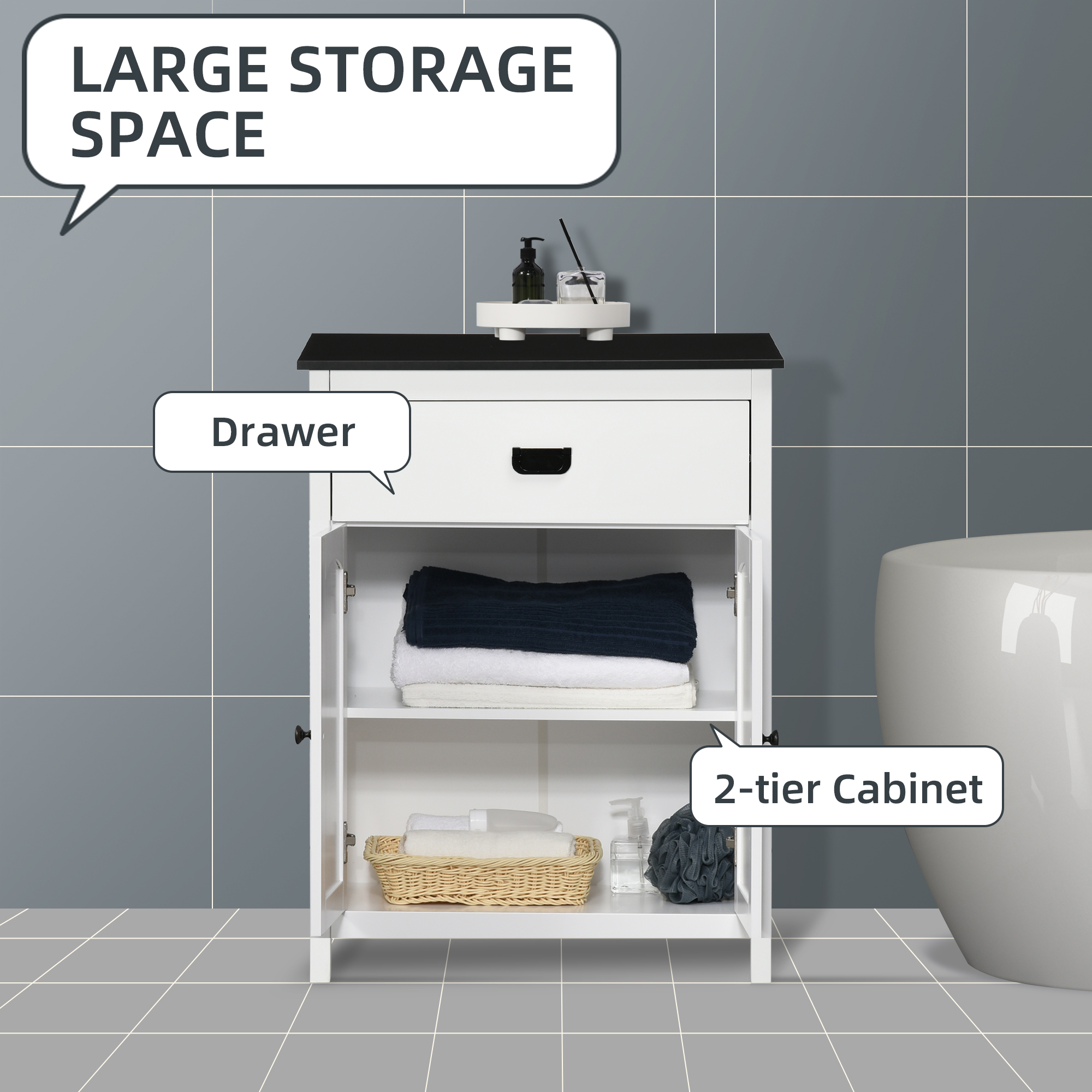 kleankin Spacious Bathroom Cabinet, White Storage Unit with Drawer and Double Door Cabinet, Adjustable Shelf for Versatile Use