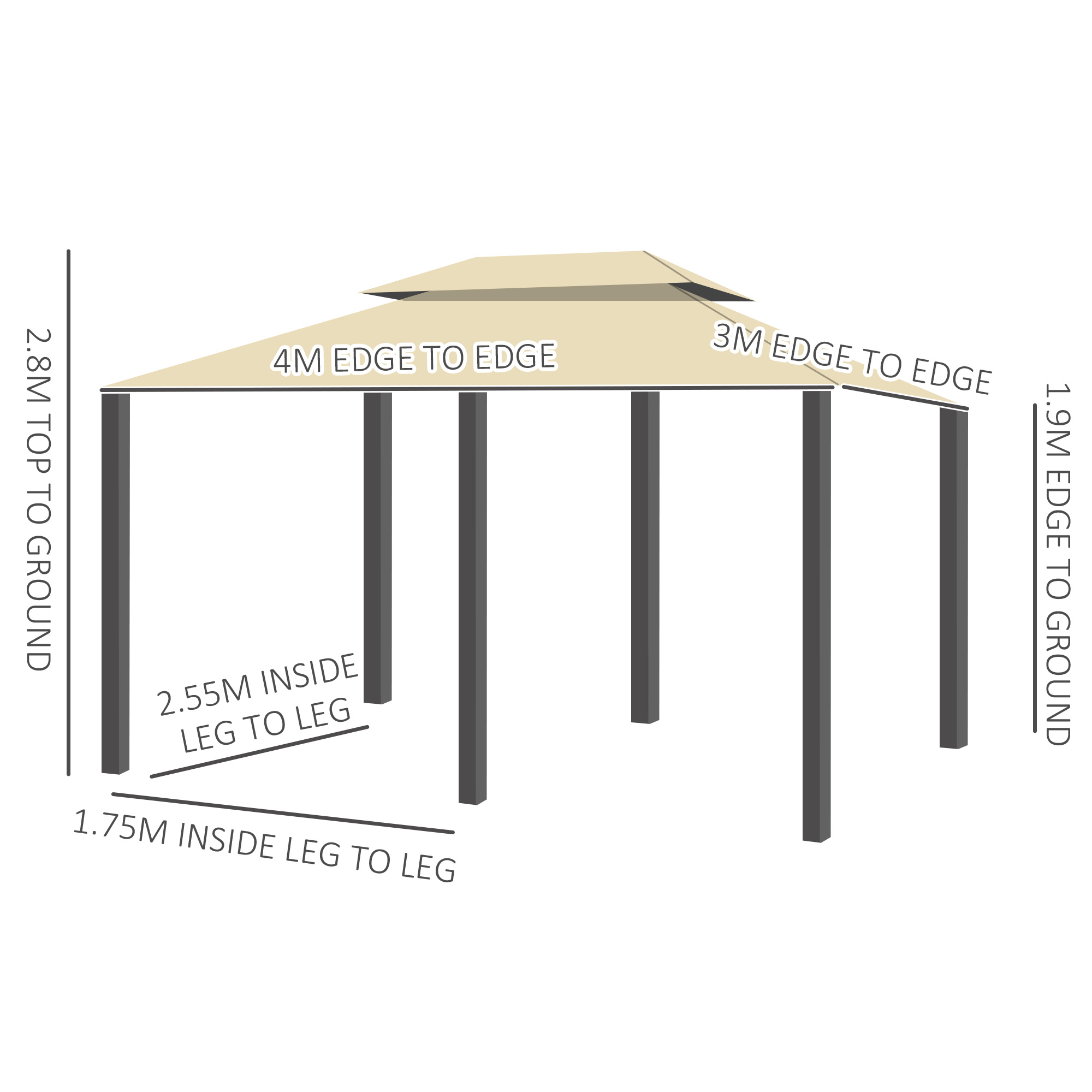 Outsunny 4 x 3(m) Outdoor Gazebo Canopy Party Tent Garden Pavilion Patio Shelter w/ LED Solar Light, Double Tier Roof, Curtains, Steel Frame, Khaki