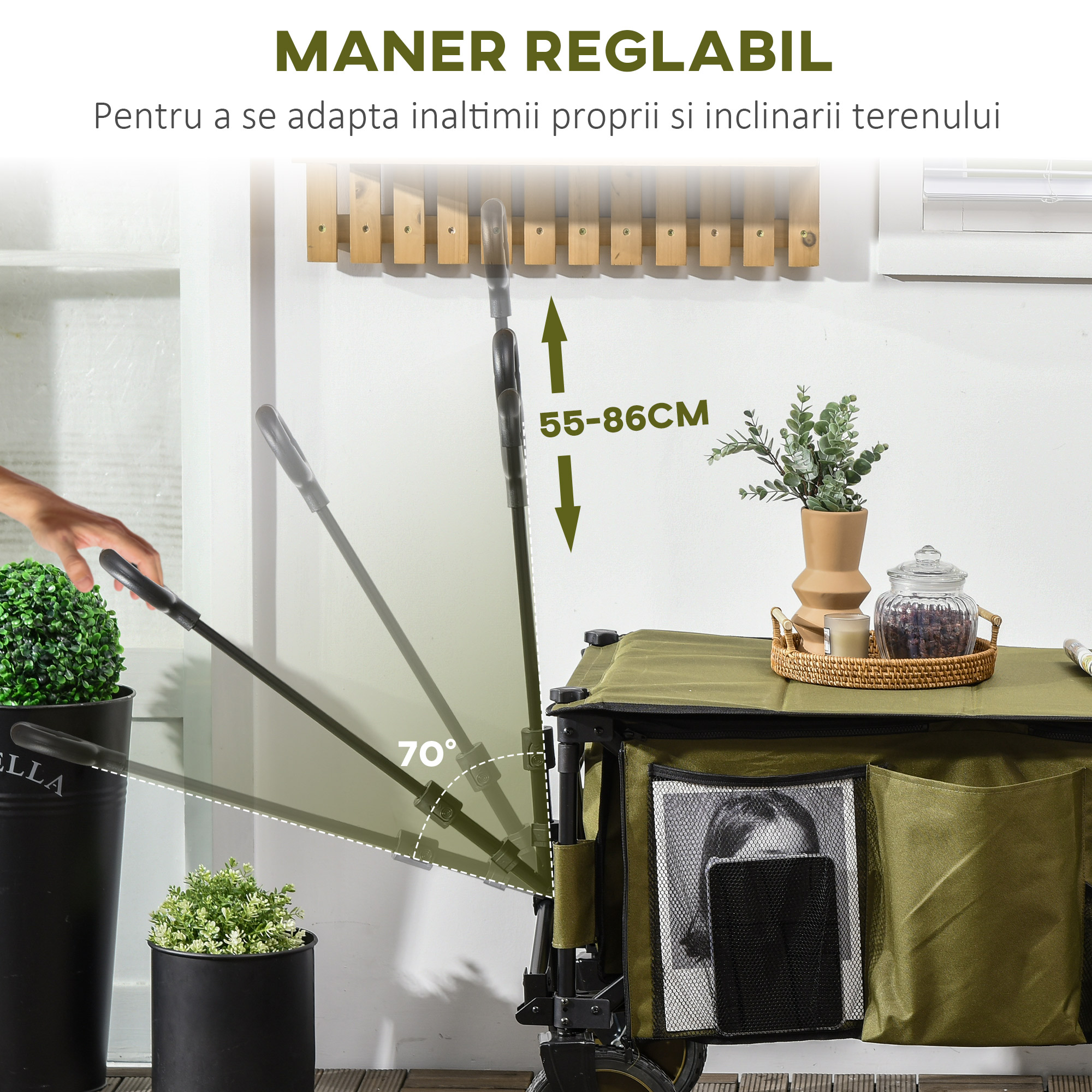  Carucior de Gradina 125L Pliabil cu Maner si 5 Saci, 108x55x93 cm, Verde [3]