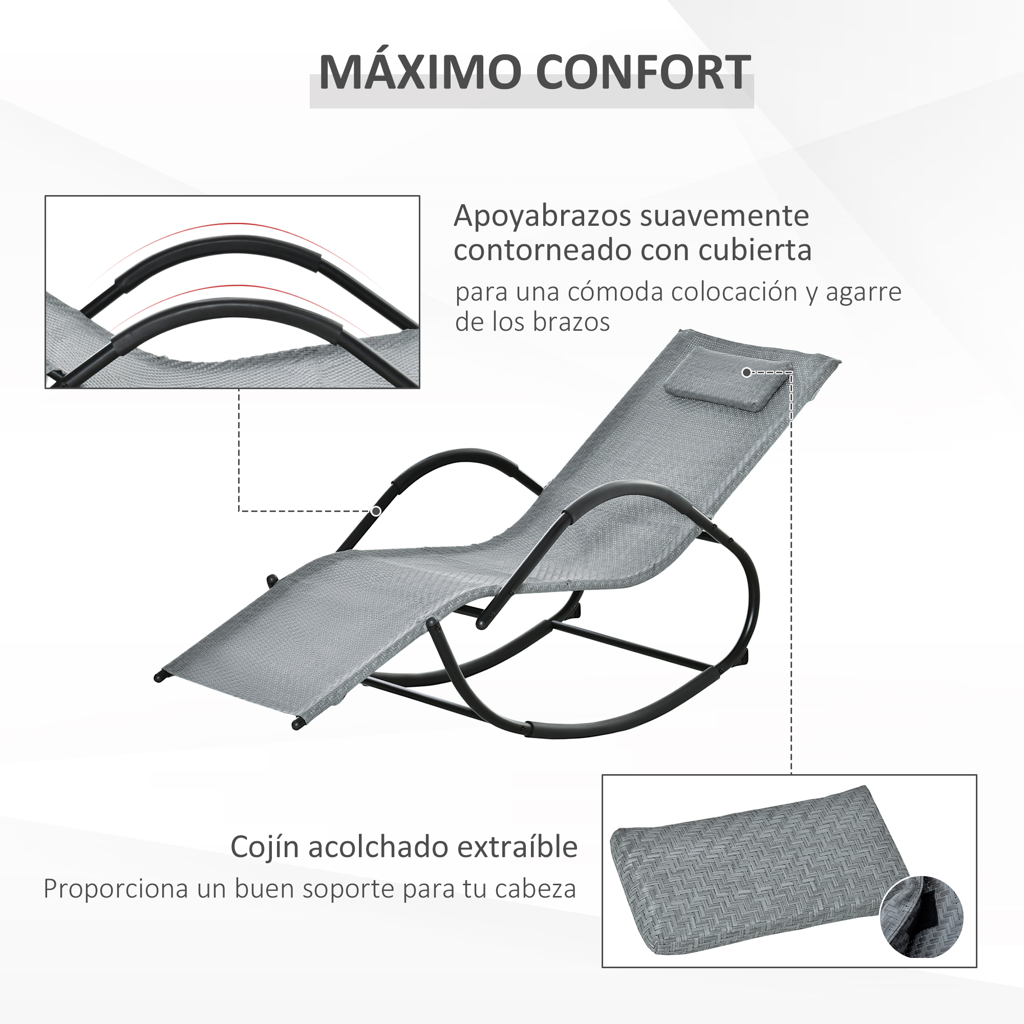 Mecedora Outsunny Con Reposacabezas - Texteline Gris, Metal Galvanizado, 160kg, Jardín, 84B-679GY