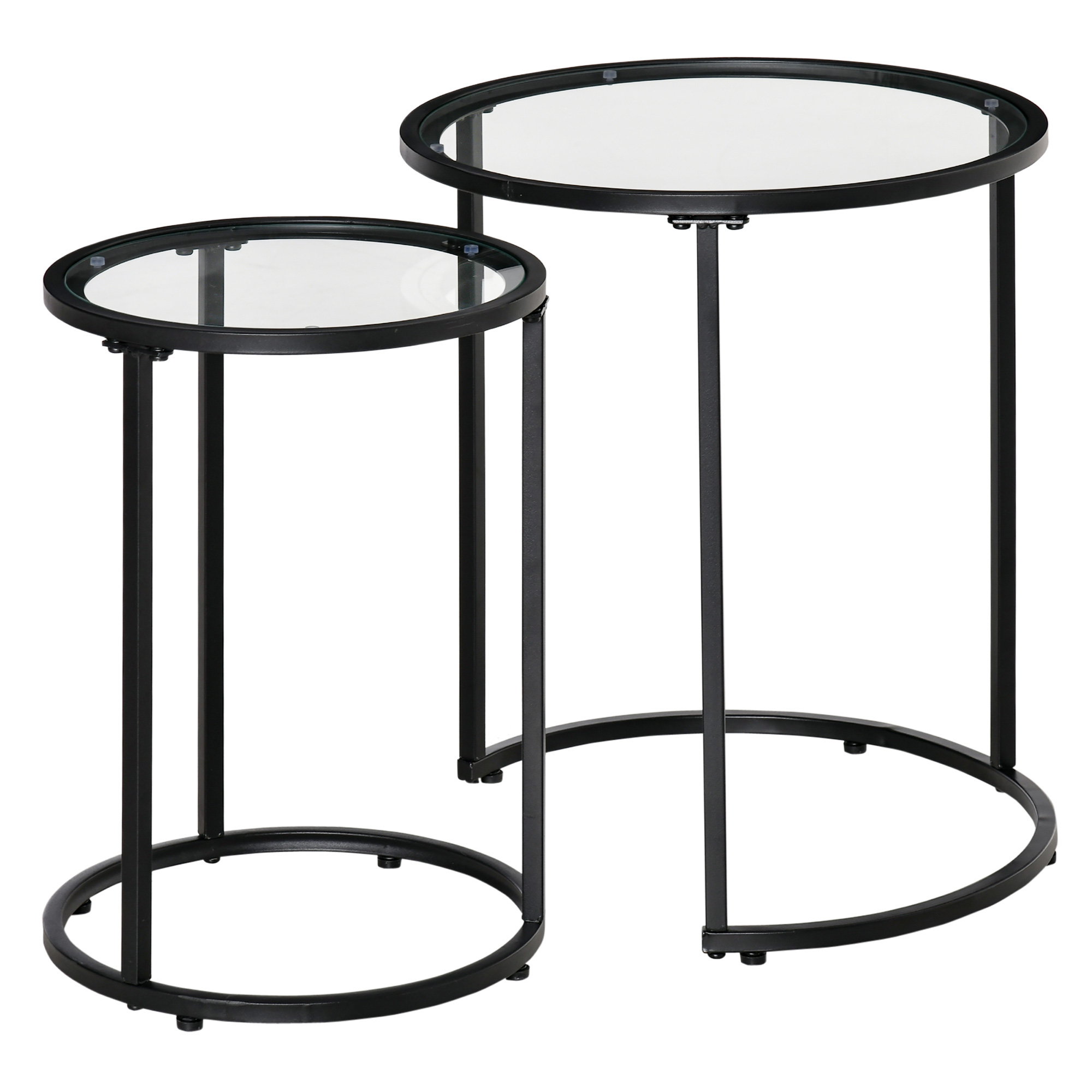 HOMCOM Juego de 2 Mesitas Auxiliares Anidadas con Estructura de Metal y Encimera de Cristal Ø50x58 cm y Ø37x51 cm Negro