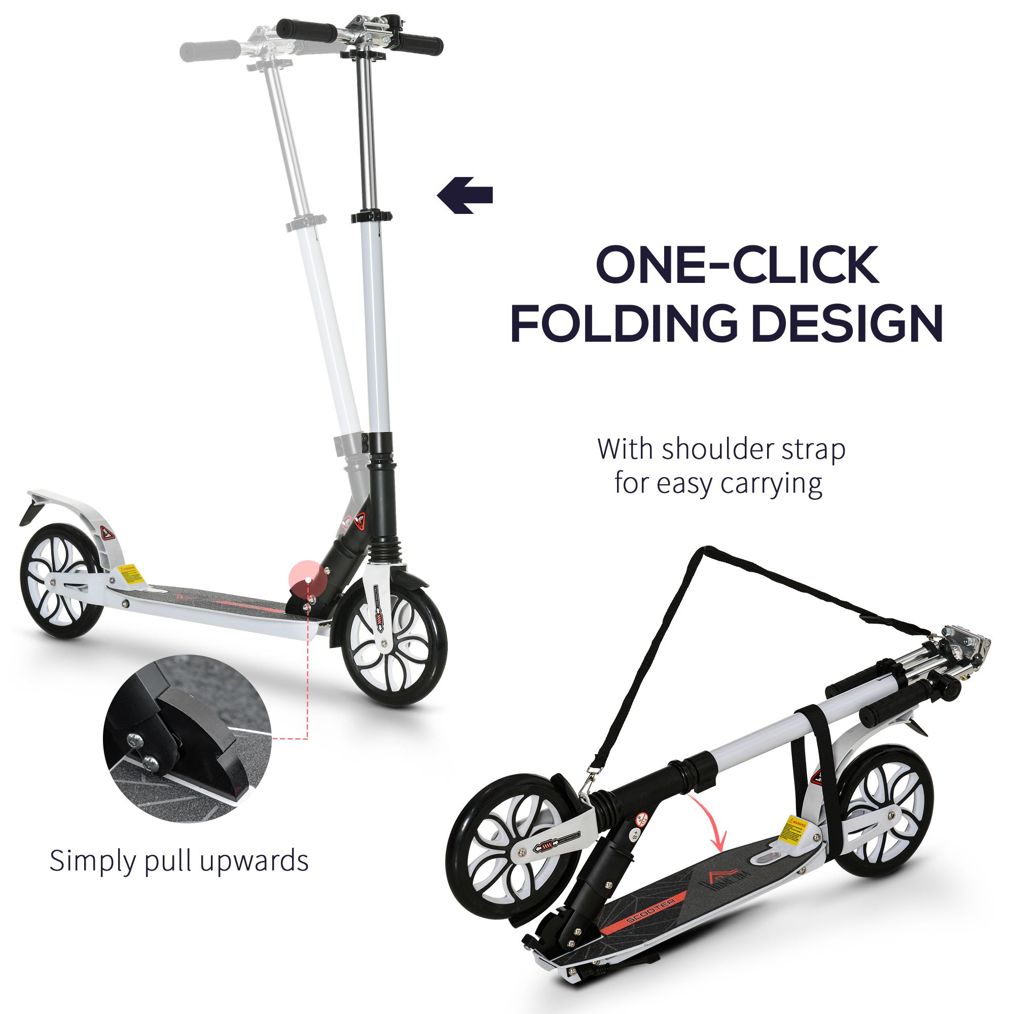 HOMCOM Folding Kick Scooter, Hight-Adjustable Urban Scooter w/ Rear Brake, Double Shock Absorption System, Warning Bell For 14+ Teens Adult, White