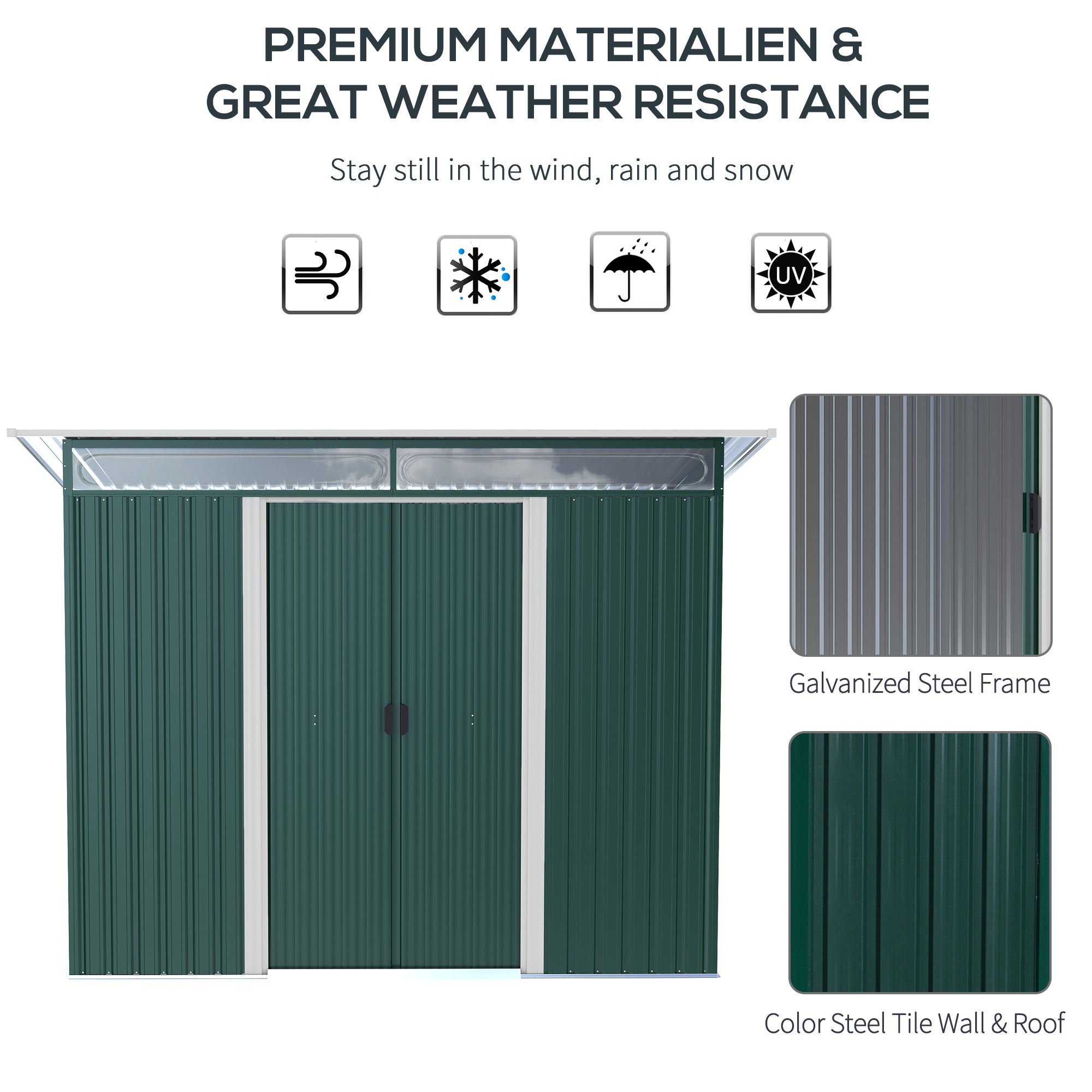 Outsunny Pent Roofed Metal Garden Shed House Hut Gardening Tool Storage w/ Ventilation 260L x 133W x 200Hcm