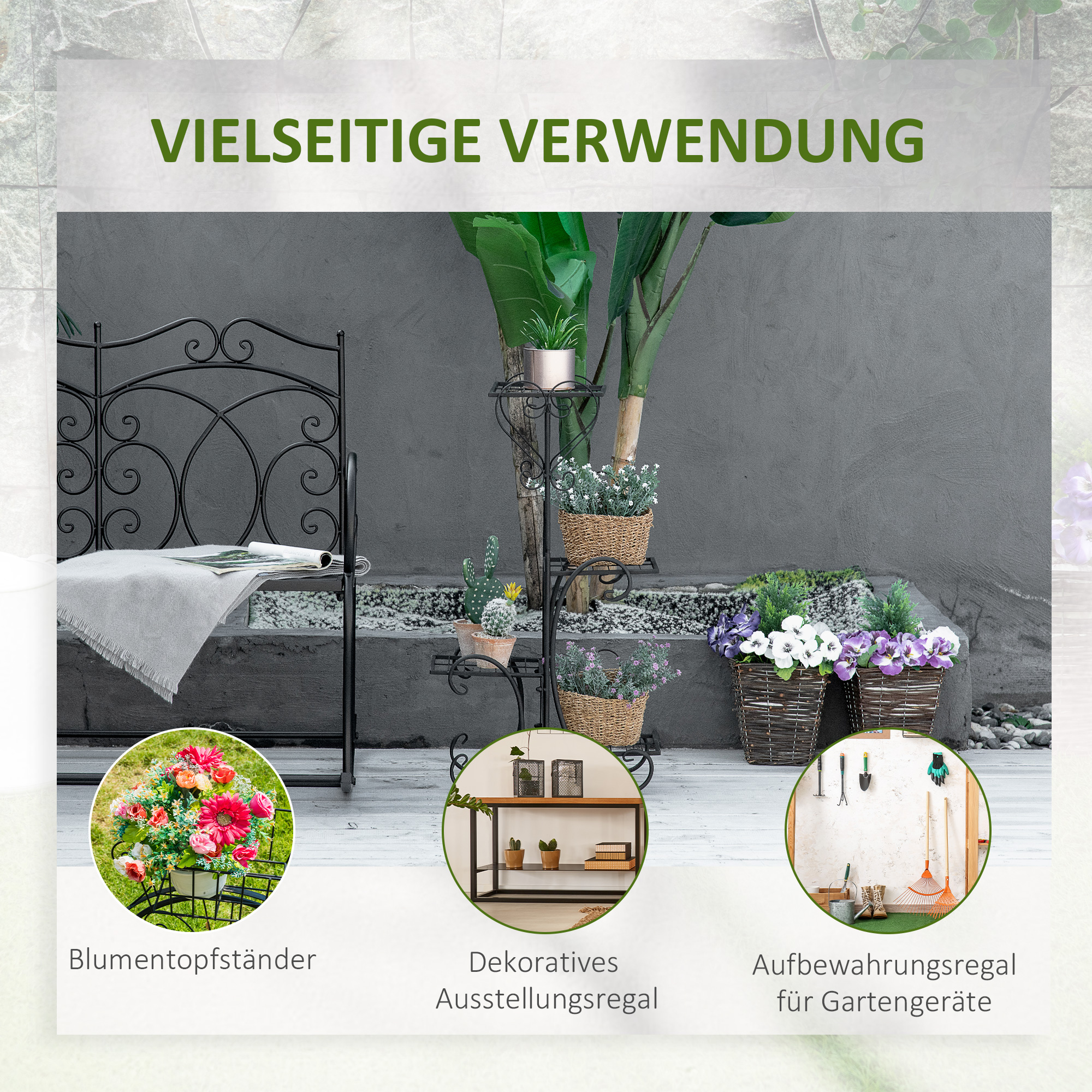 BACEKOLL Bloemenstandaard 8 Niveaus - Zwart Metaal & Hout - 157 Cm Voor Binnen/Buiten