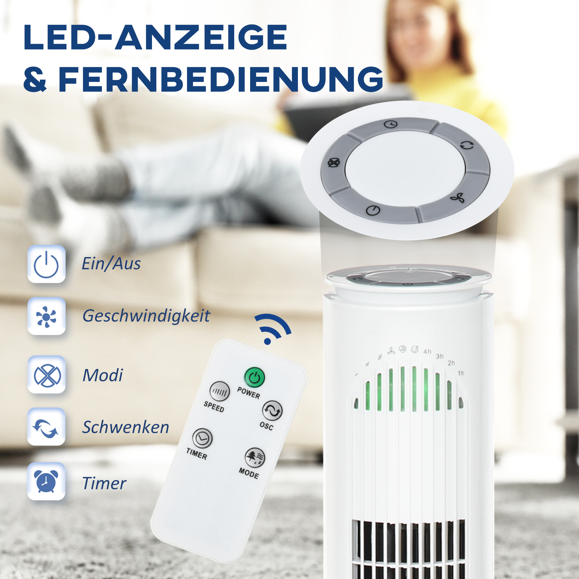 HOMCOM torenventilator met afstandsbediening 70° draaiende