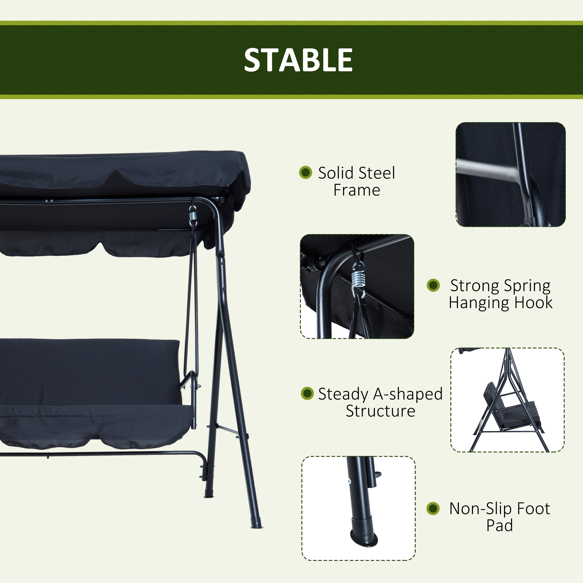 Outsunny 3 Seater Canopy Swing Chair Garden Rocking Bench Heavy Duty Patio Metal Seat w/ Top Roof - Black