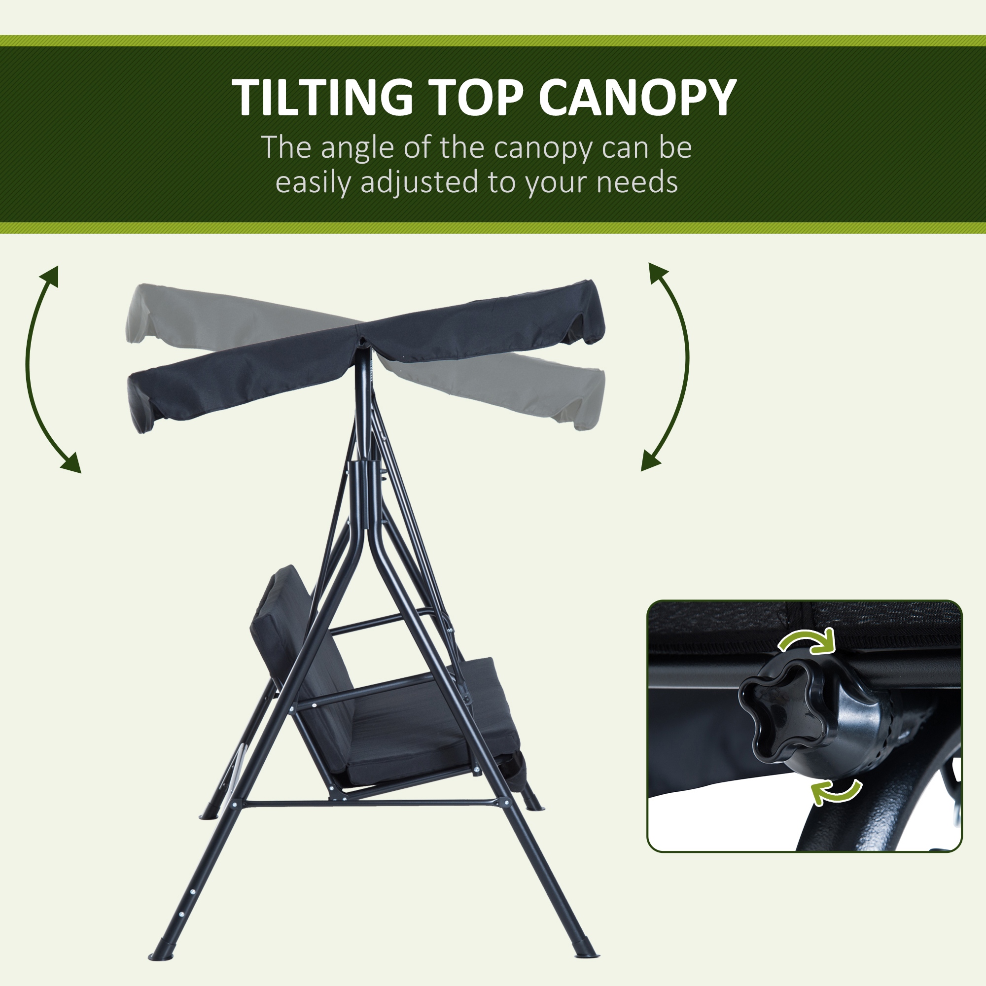 Outsunny 3 Seater Canopy Swing Chair Garden Rocking Bench Heavy Duty Patio Metal Seat w/ Top Roof - Black