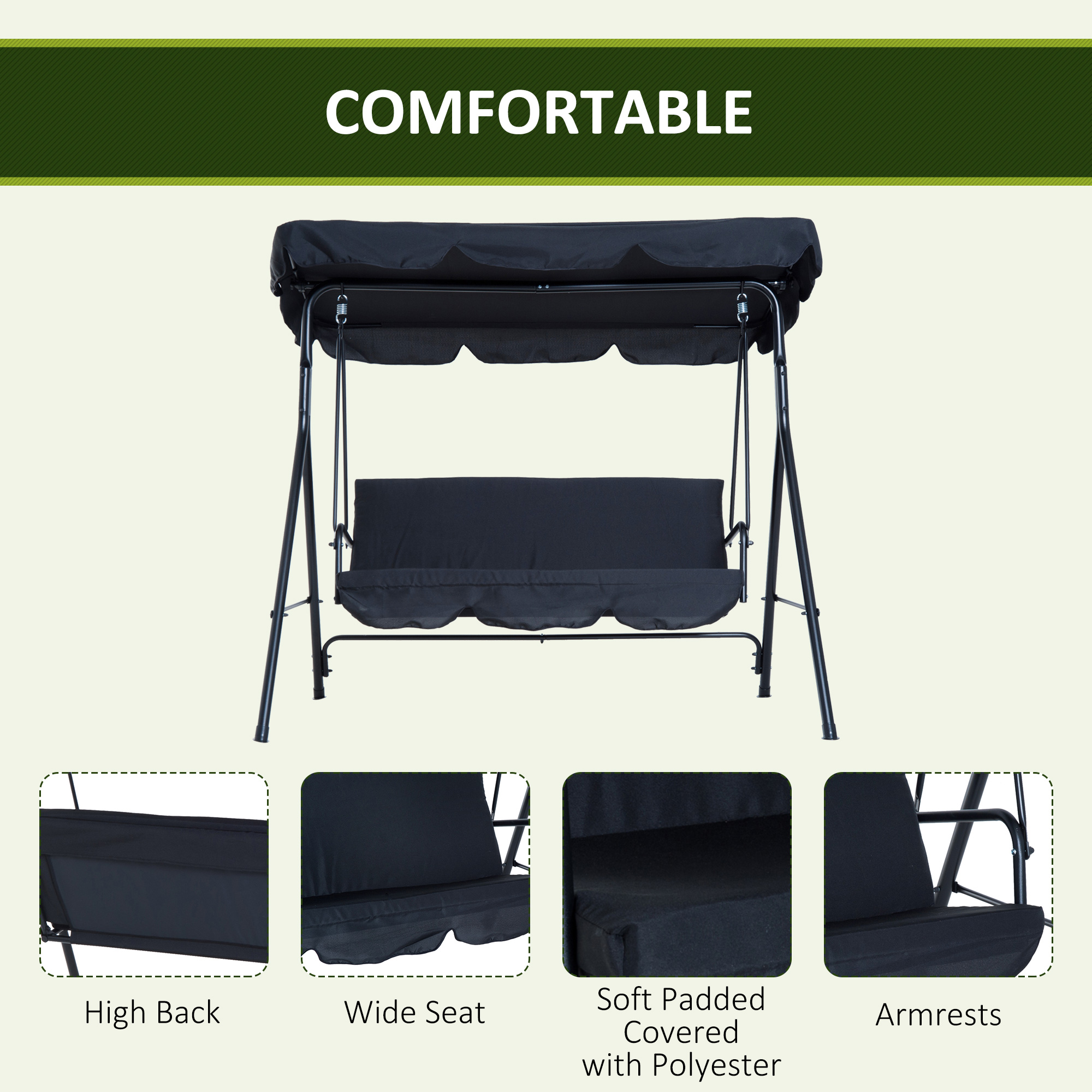 Outsunny 3 Seater Canopy Swing Chair Garden Rocking Bench Heavy Duty Patio Metal Seat w/ Top Roof - Black