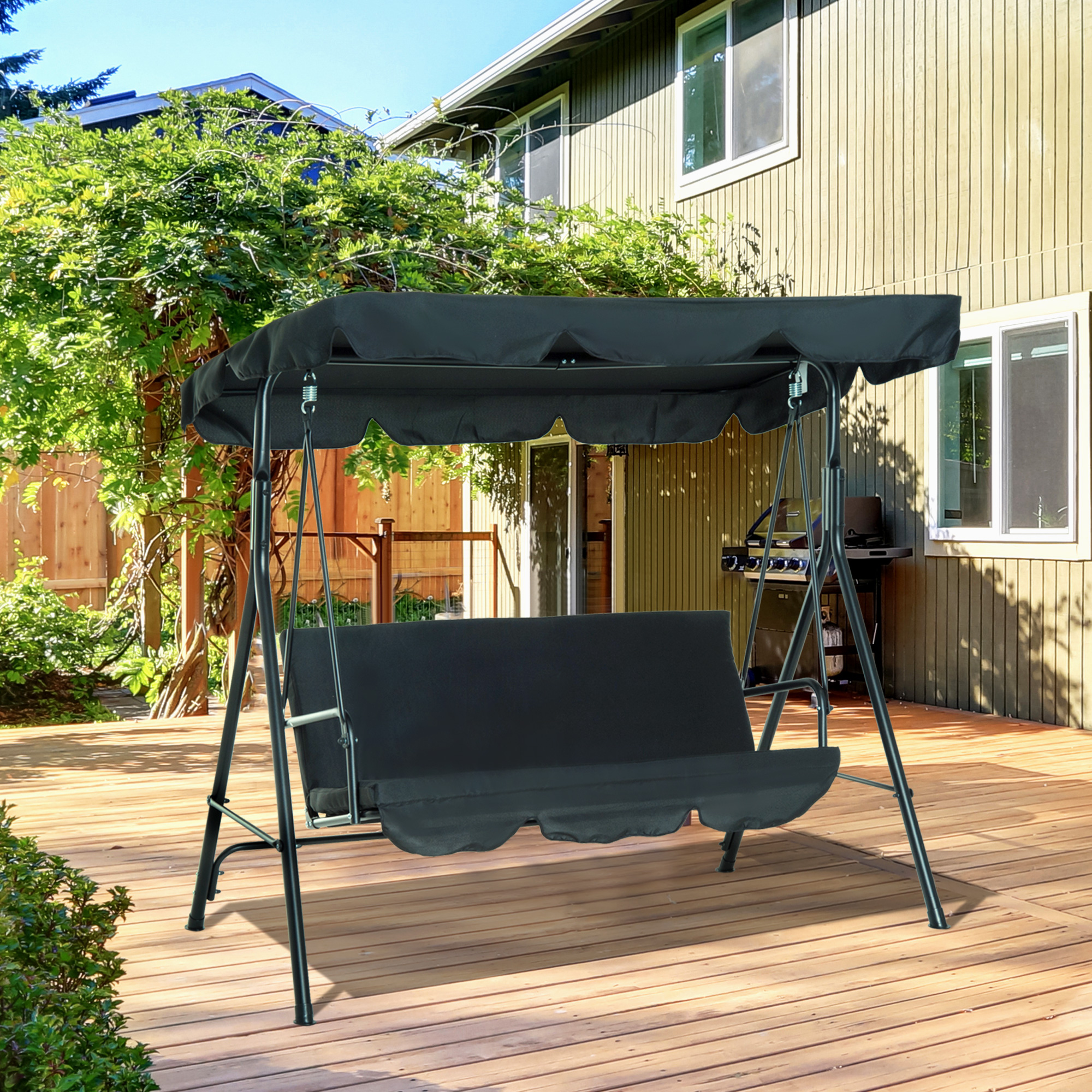Outsunny 3 Seater Canopy Swing Chair Garden Rocking Bench Heavy Duty Patio Metal Seat w/ Top Roof - Black