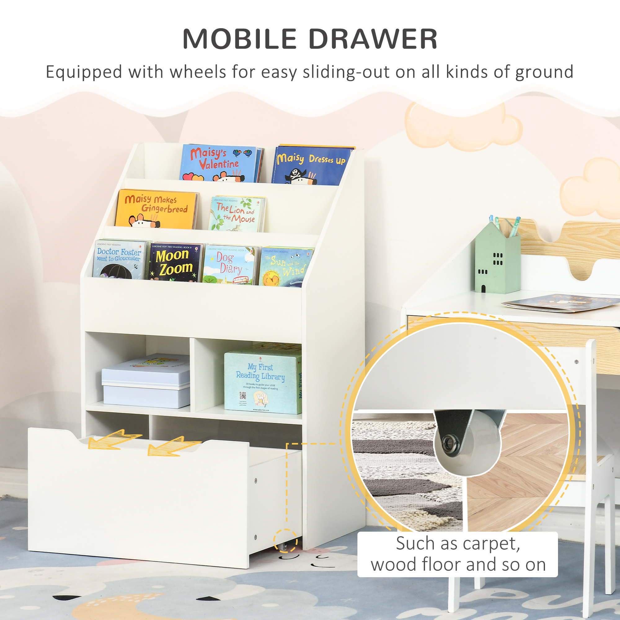 HOMCOM Kids Bookshelf, Toy Organiser, with Storage Drawer, Wheels, White