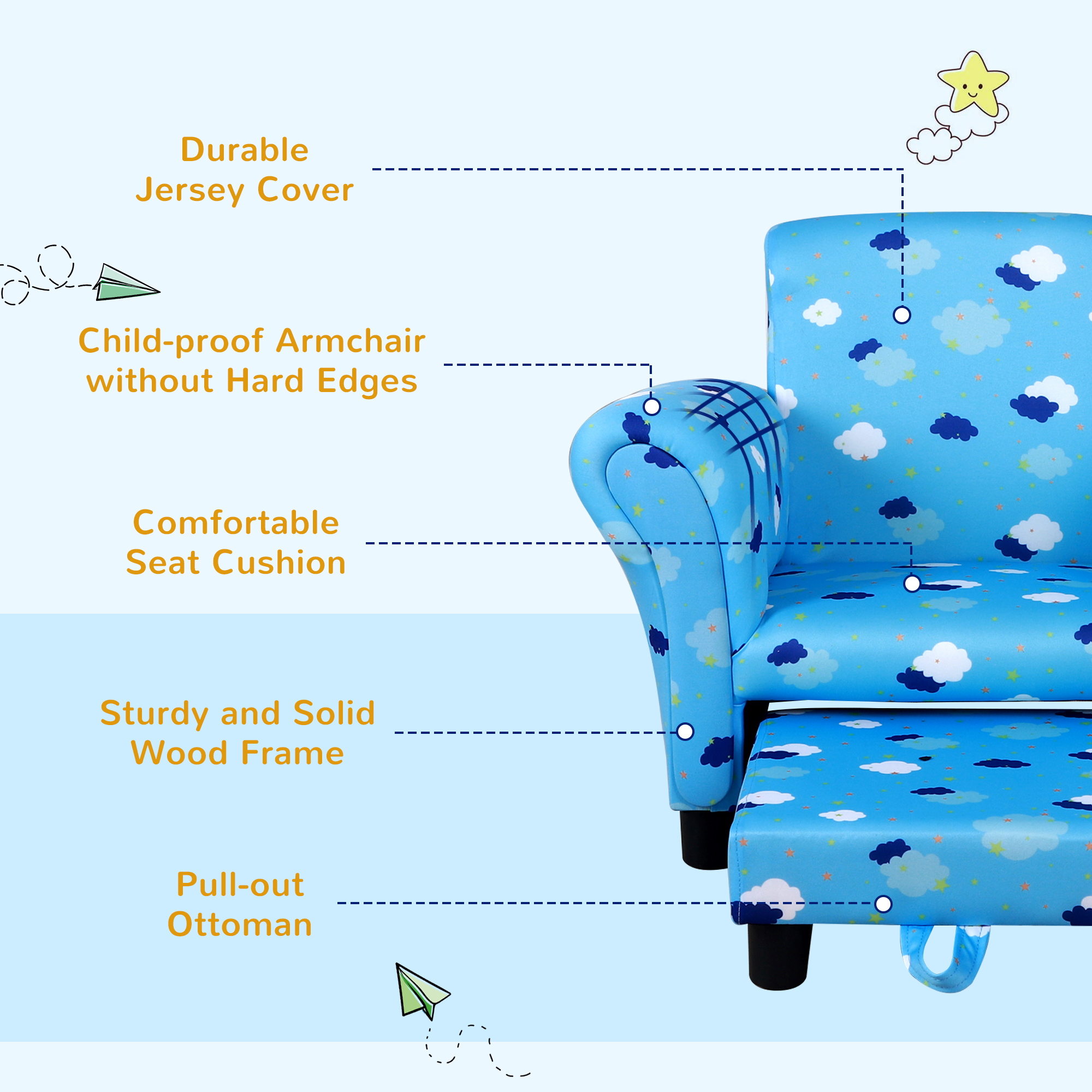 HOMCOM Childrens Sofa Mini Sofa Wood Frame w/ Footrest Anti-Slip Legs High Back Arms Bedroom Playroom Furniture Cute Cloud Star Blue