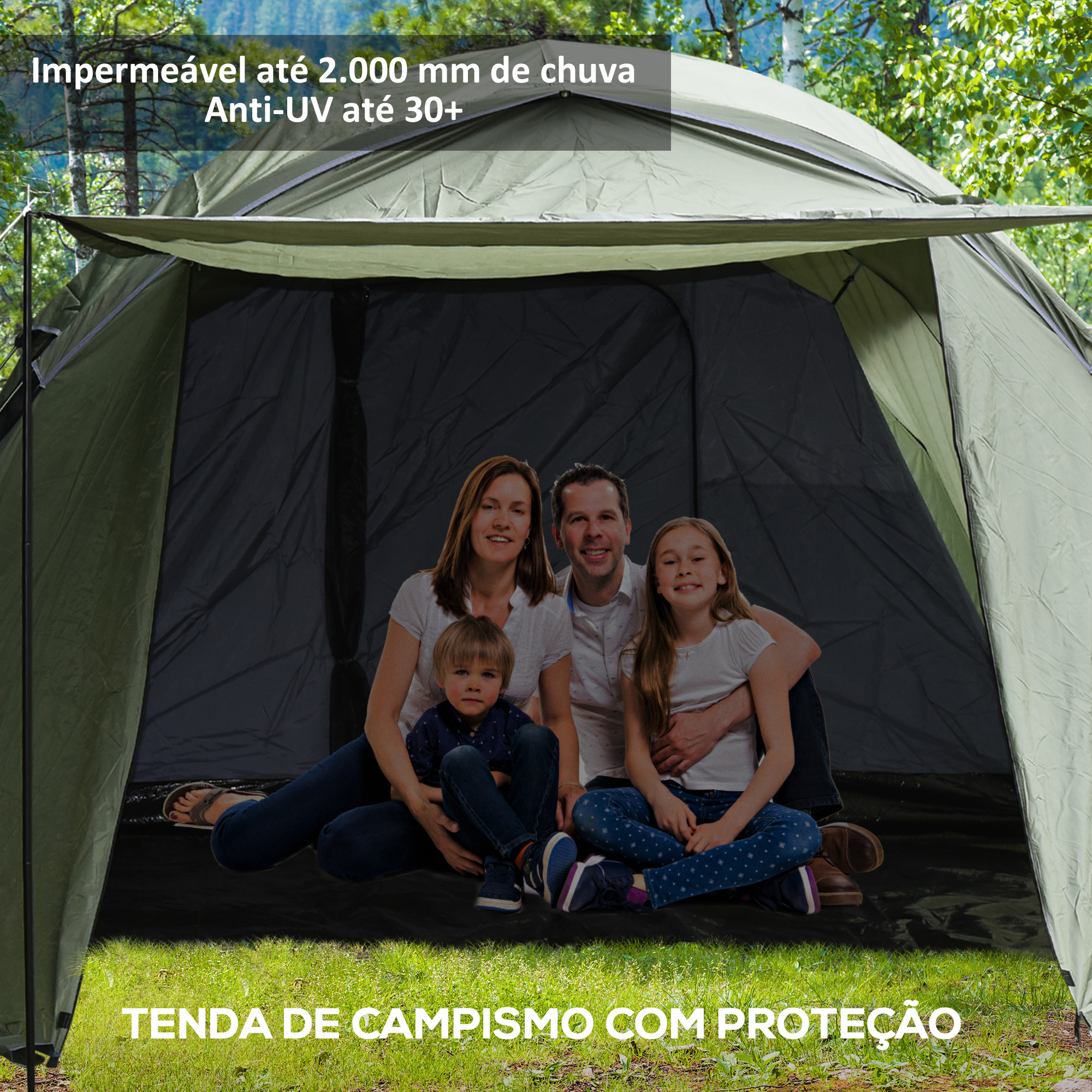 Outsunny Tenda de Campismo para 4-6 Pessoas Impermeável PU2000 com Proteção  UV30+ e Bolsa de Transporte 610x385x220 cm Verde - A20-284V01GN