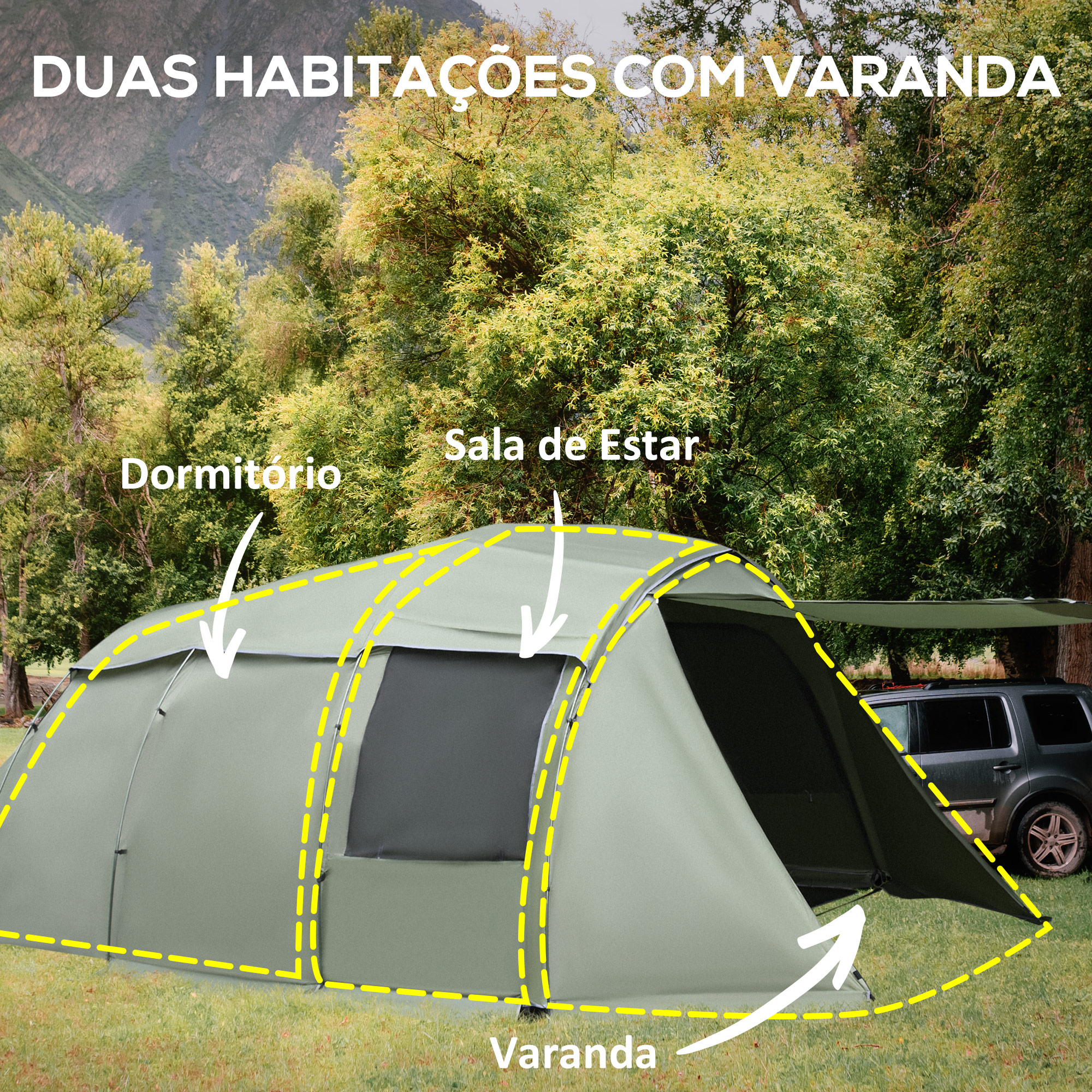 Outsunny Tenda de Campismo para 4-6 Pessoas Impermeável PU2000 com Proteção  UV30+ e Bolsa de Transporte 610x385x220 cm Verde - A20-284V01GN